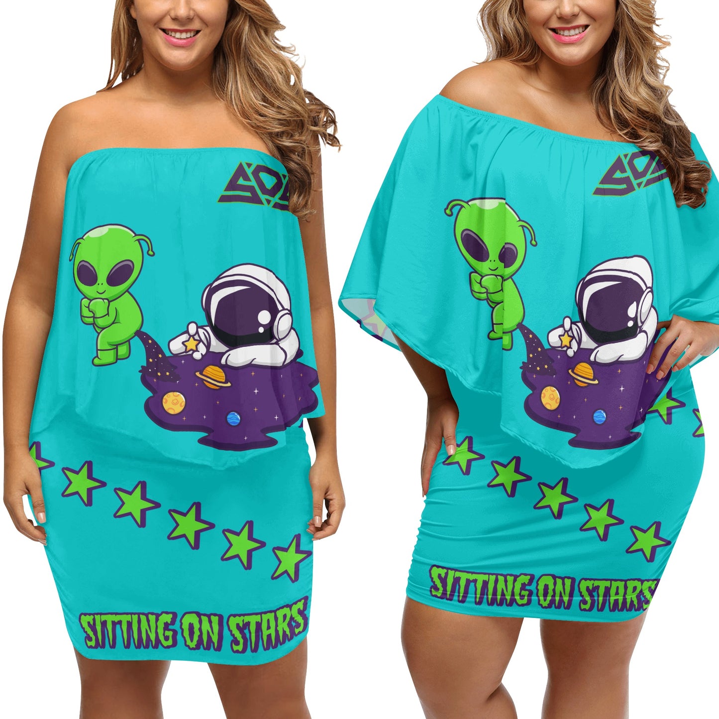 Space Aliens S.O.S Edition Womens Turquoise Off The Shoulder Wrap Dress