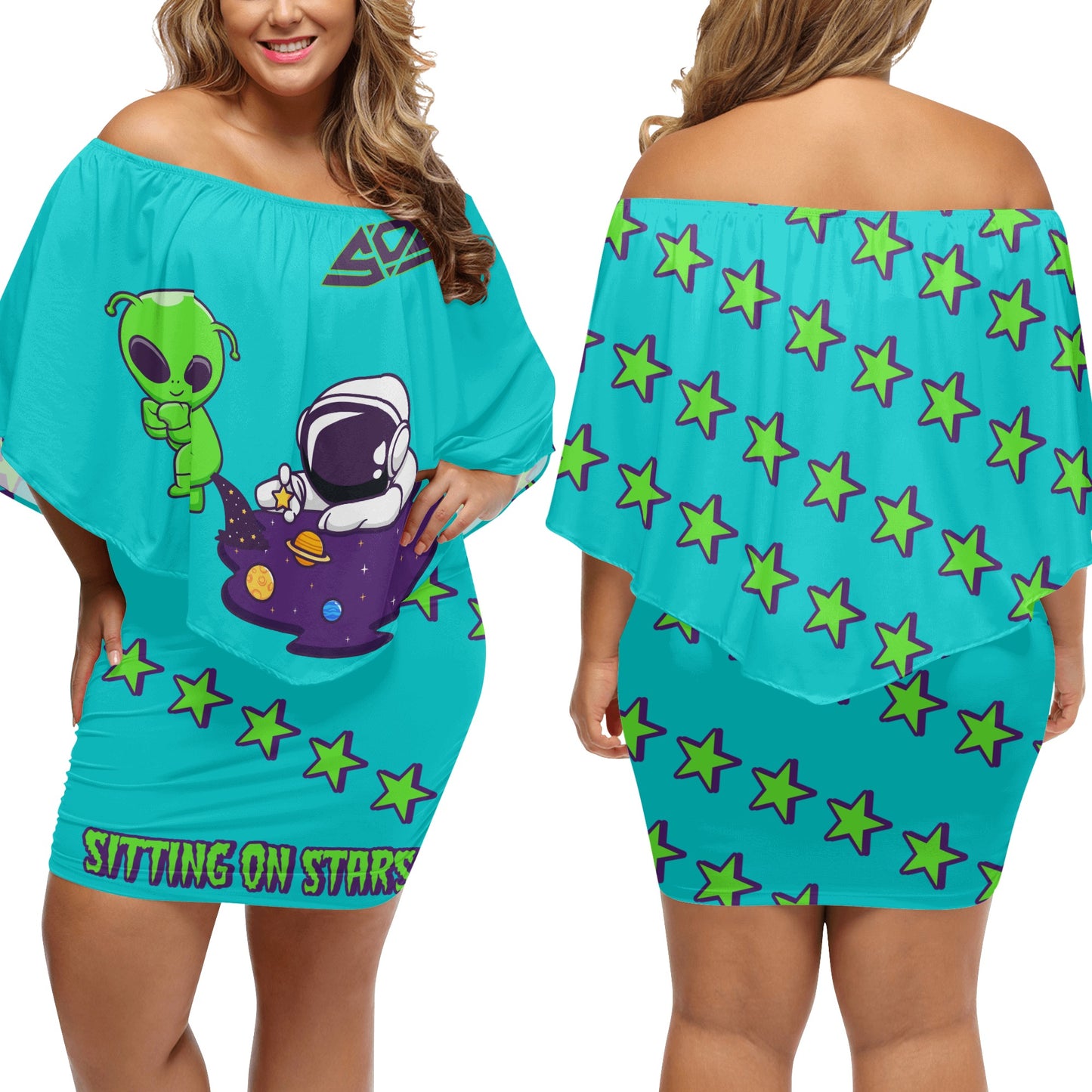 Space Aliens S.O.S Edition Womens Turquoise Off The Shoulder Wrap Dress