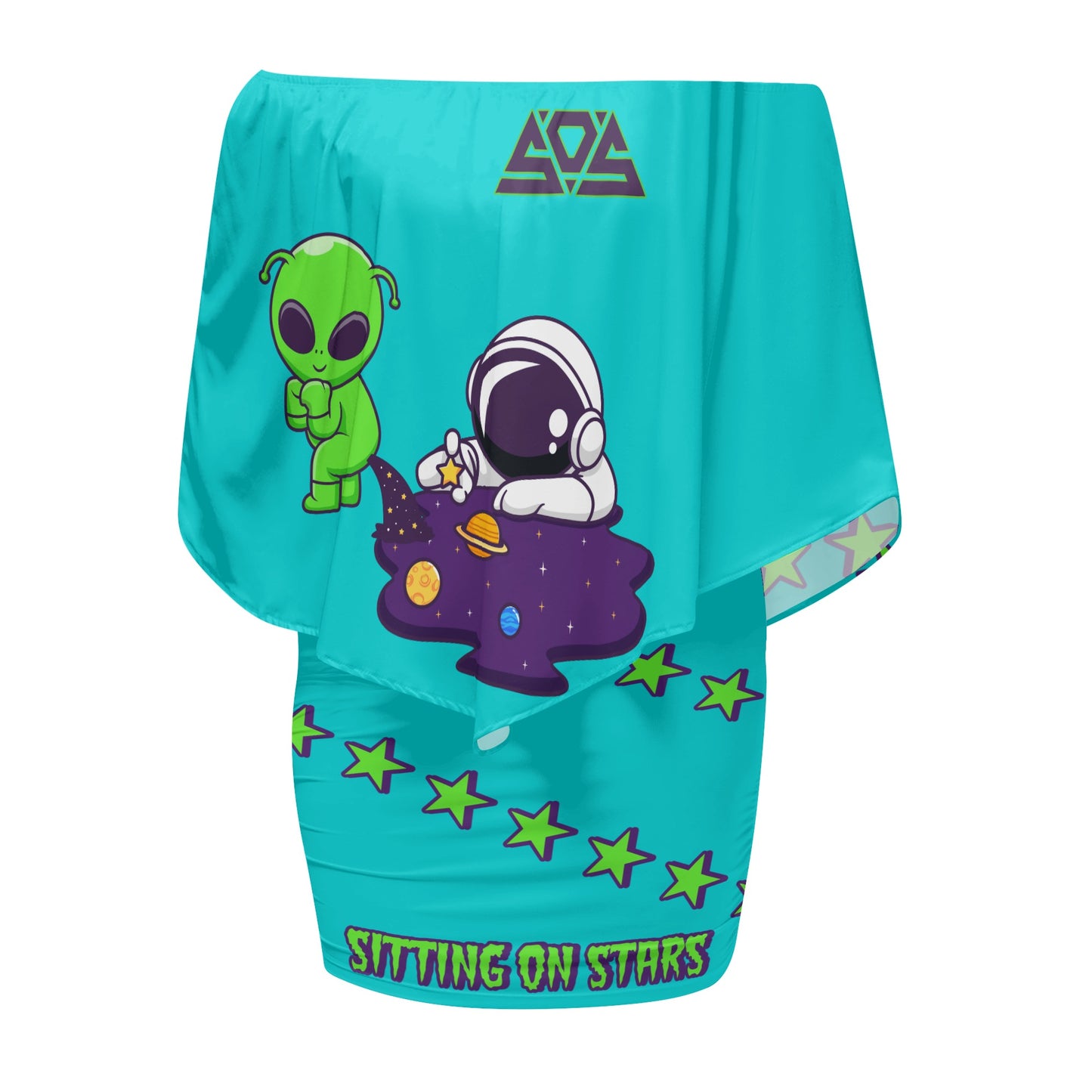 Space Aliens S.O.S Edition Womens Turquoise Off The Shoulder Wrap Dress