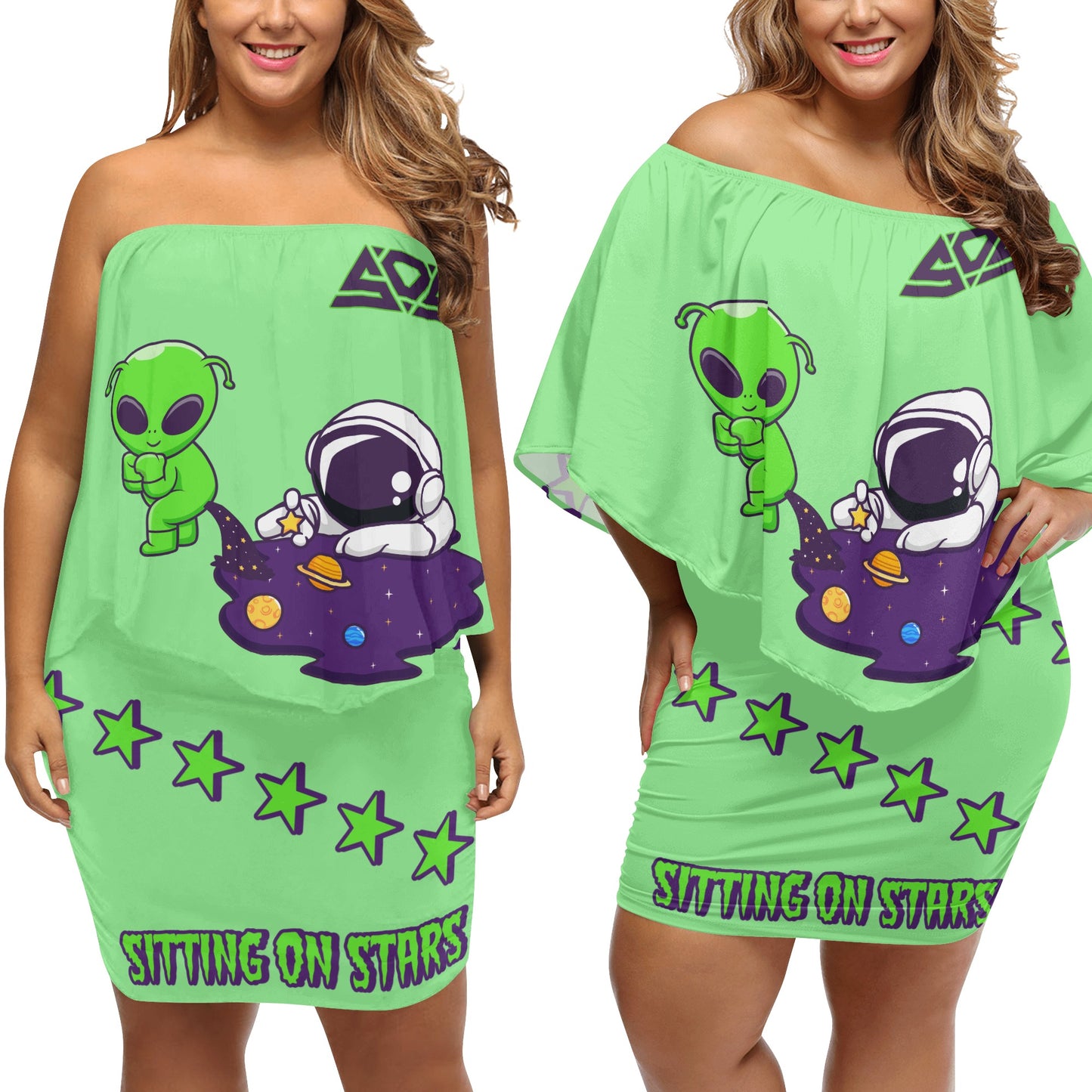 Space Aliens S.O.S Edition Womens Mint Green Off The Shoulder Wrap Dress