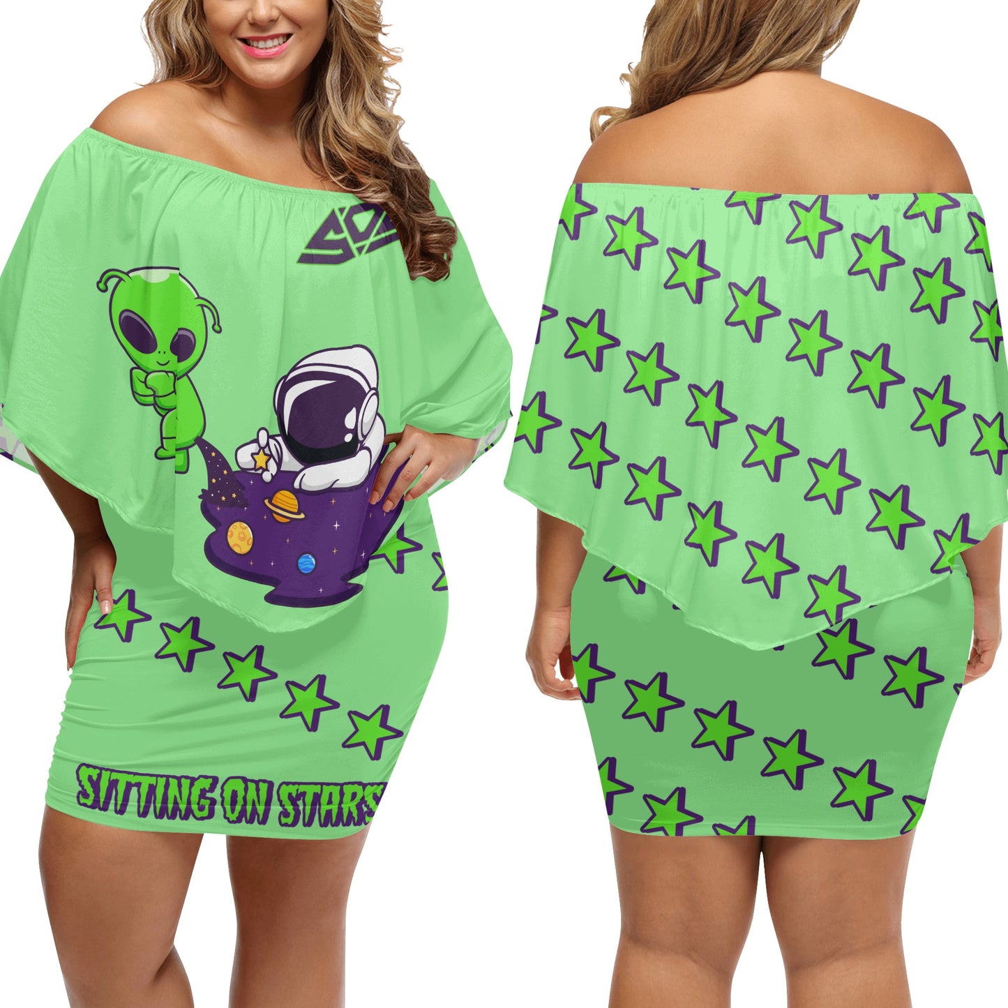 Space Aliens S.O.S Edition Womens Mint Green Off The Shoulder Wrap Dress