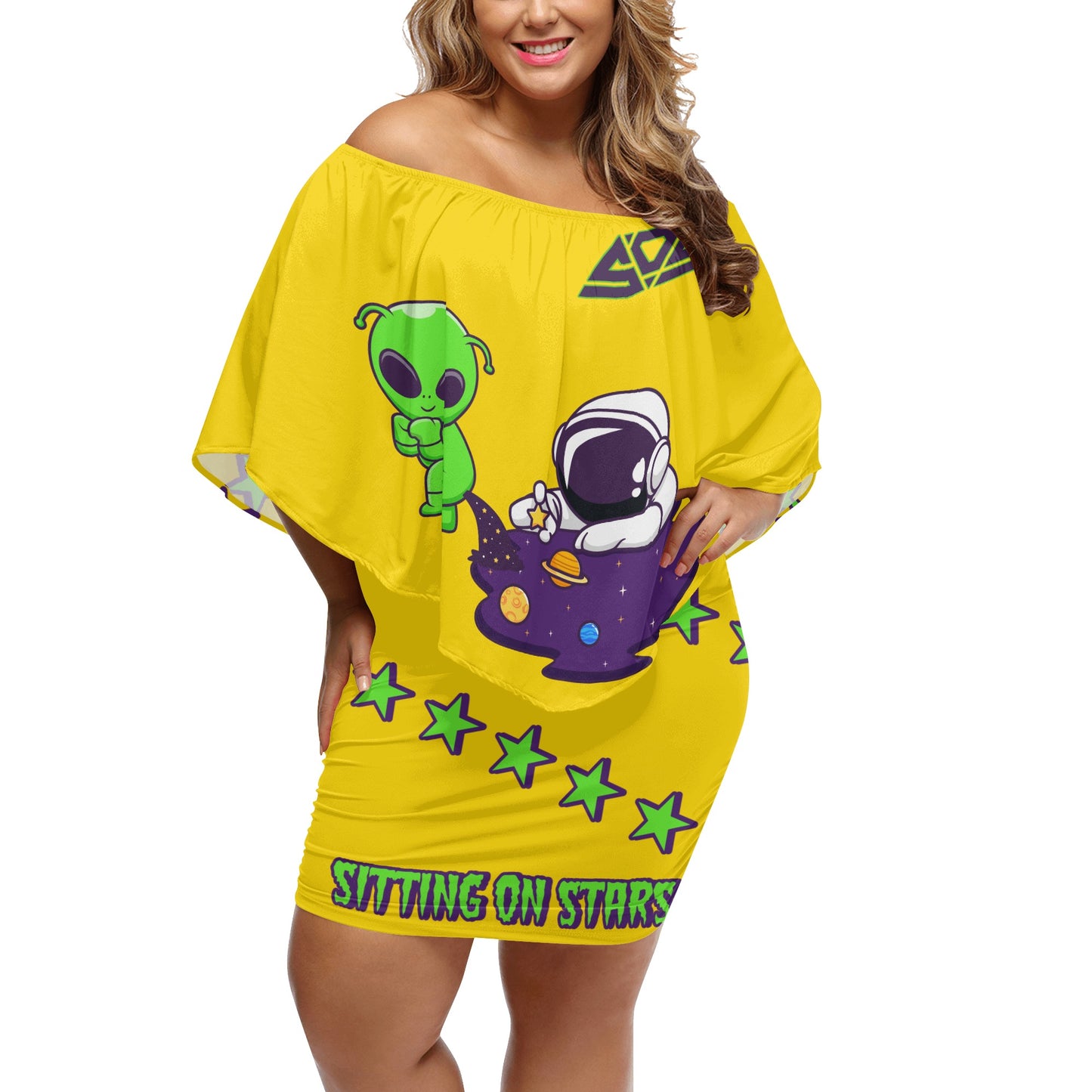 Space Aliens S.O.S Edition Womens Gold Off The Shoulder Wrap Dress