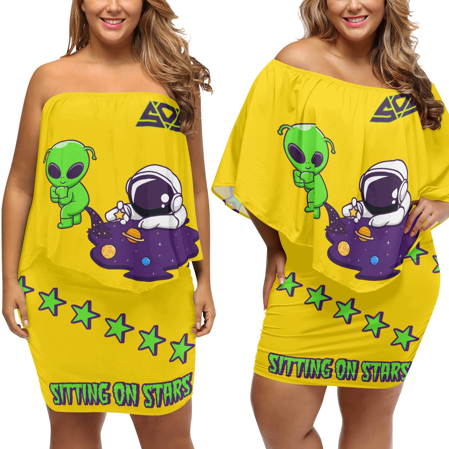 Space Aliens S.O.S Edition Womens Gold Off The Shoulder Wrap Dress