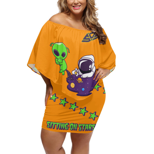 Space Aliens S.O.S Edition Womens Orange Off The Shoulder Wrap Dress