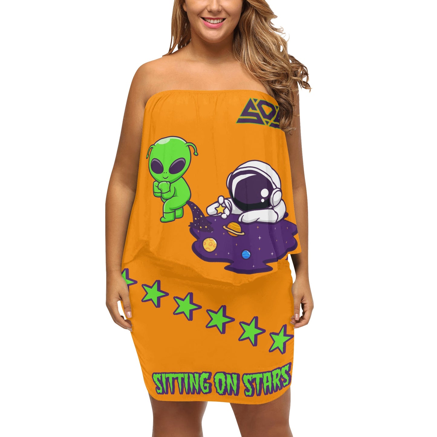 Space Aliens S.O.S Edition Womens Orange Off The Shoulder Wrap Dress