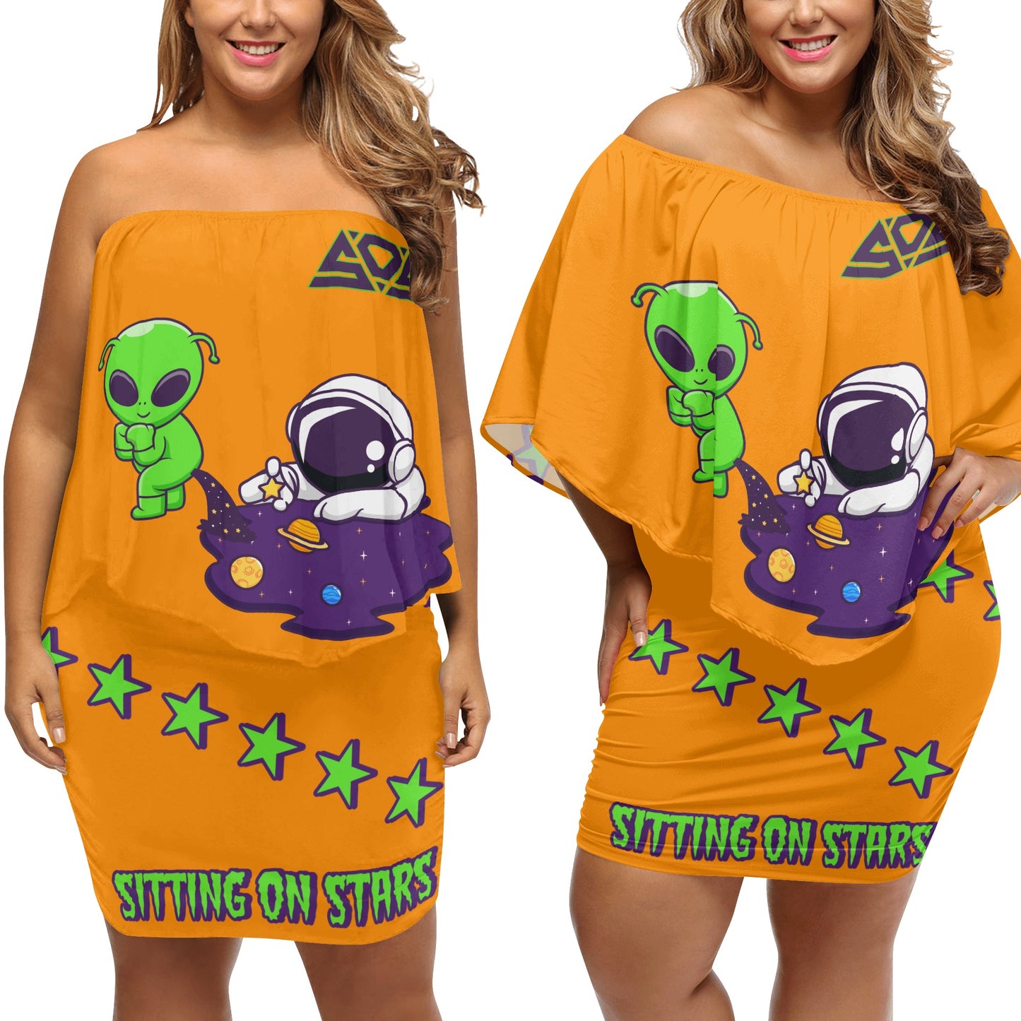 Space Aliens S.O.S Edition Womens Orange Off The Shoulder Wrap Dress