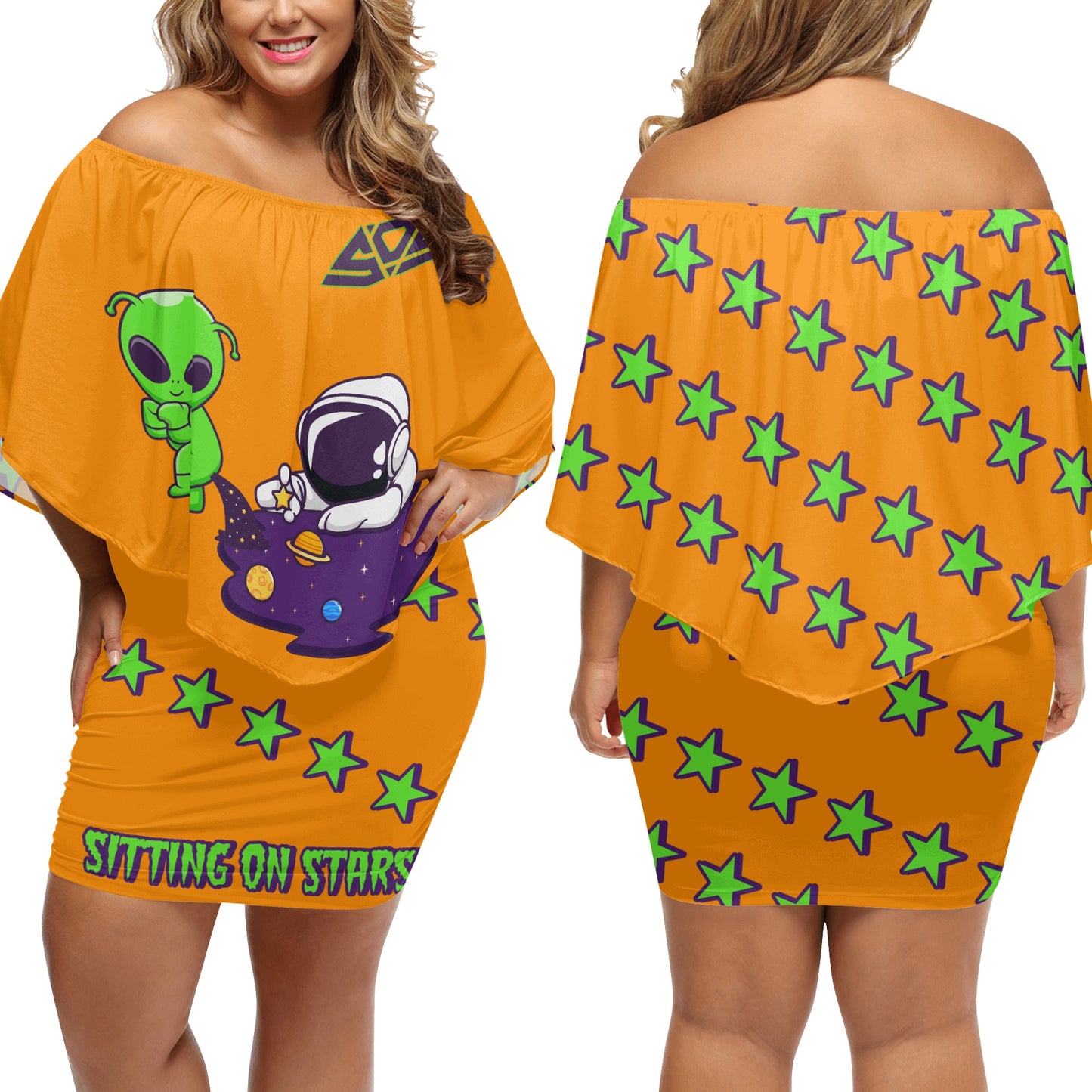 Space Aliens S.O.S Edition Womens Orange Off The Shoulder Wrap Dress