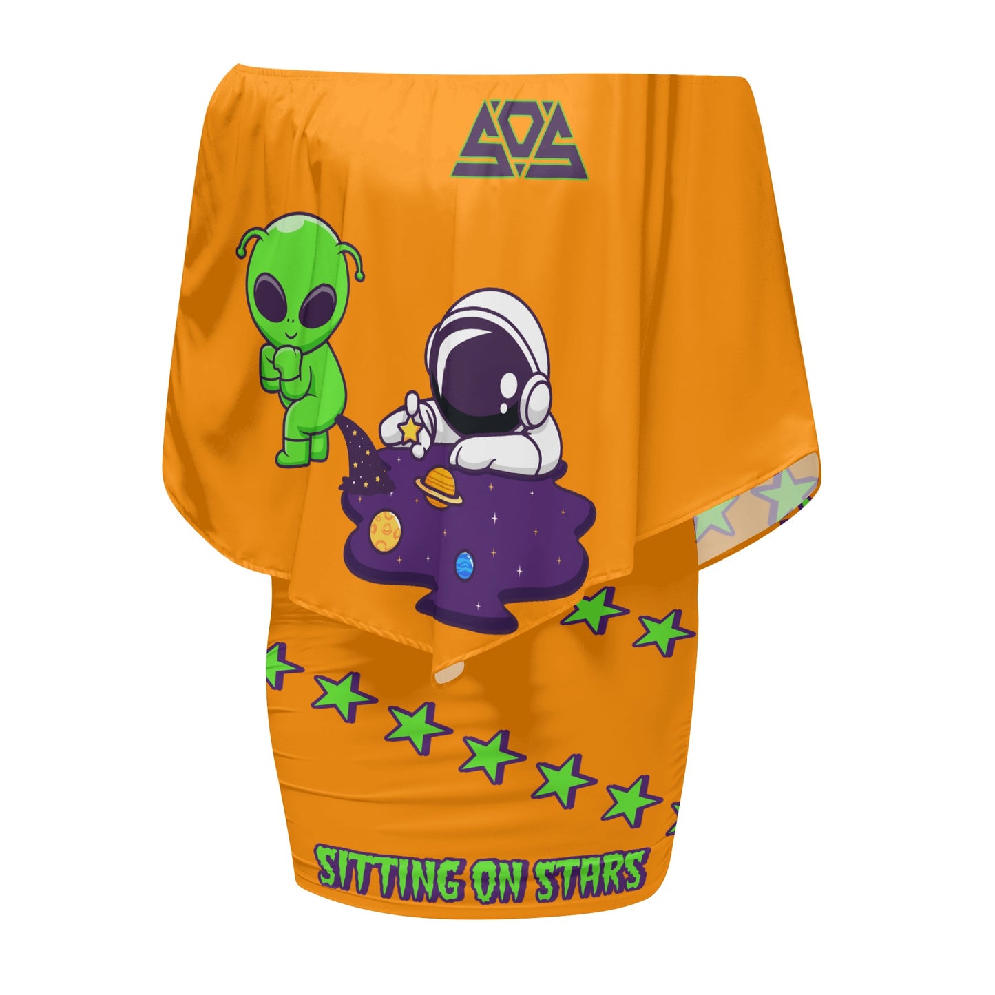 Space Aliens S.O.S Edition Womens Orange Off The Shoulder Wrap Dress