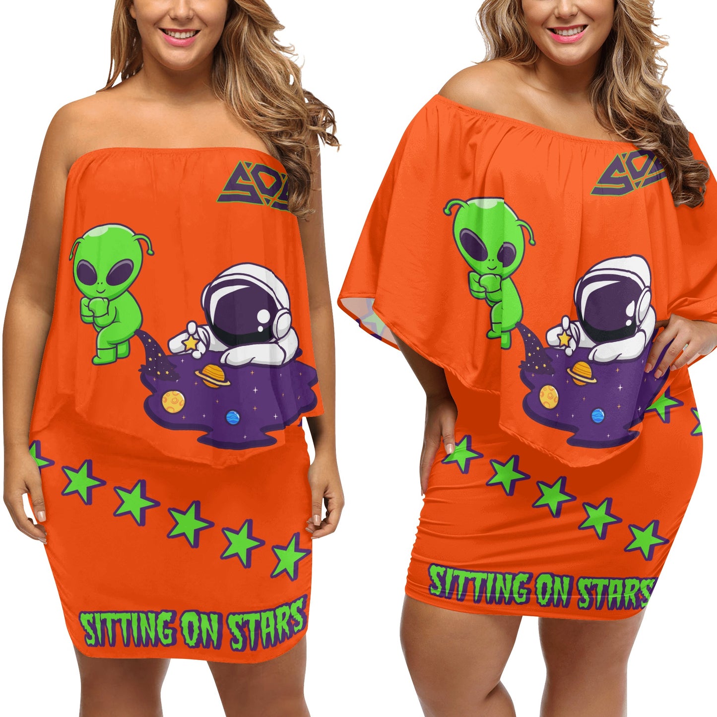 Space Aliens S.O.S Edition Womens Dark Orange Off The Shoulder Wrap Dress