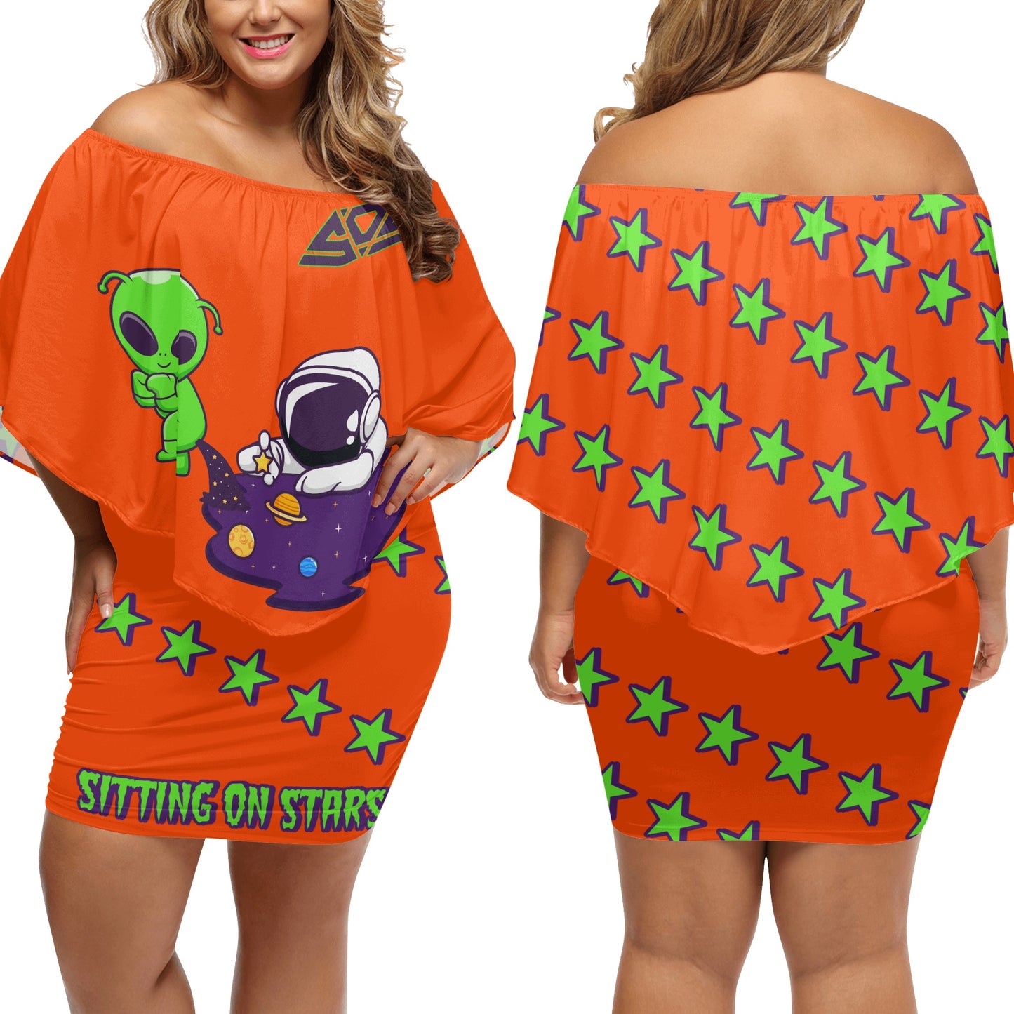 Space Aliens S.O.S Edition Womens Dark Orange Off The Shoulder Wrap Dress