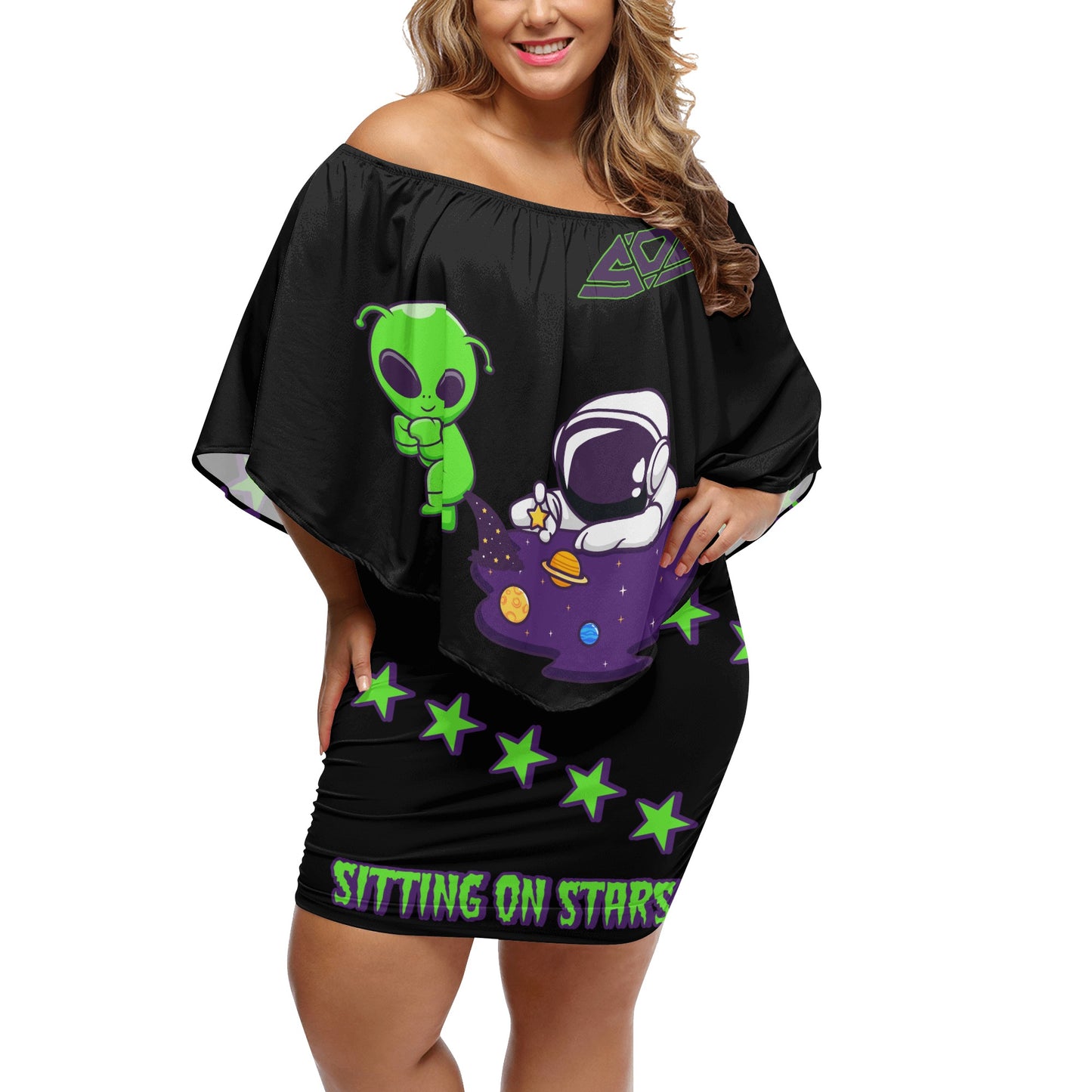 Space Aliens S.O.S Edition Womens Black Off The Shoulder Wrap Dress