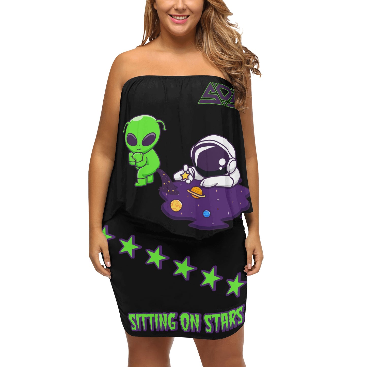 Space Aliens S.O.S Edition Womens Black Off The Shoulder Wrap Dress