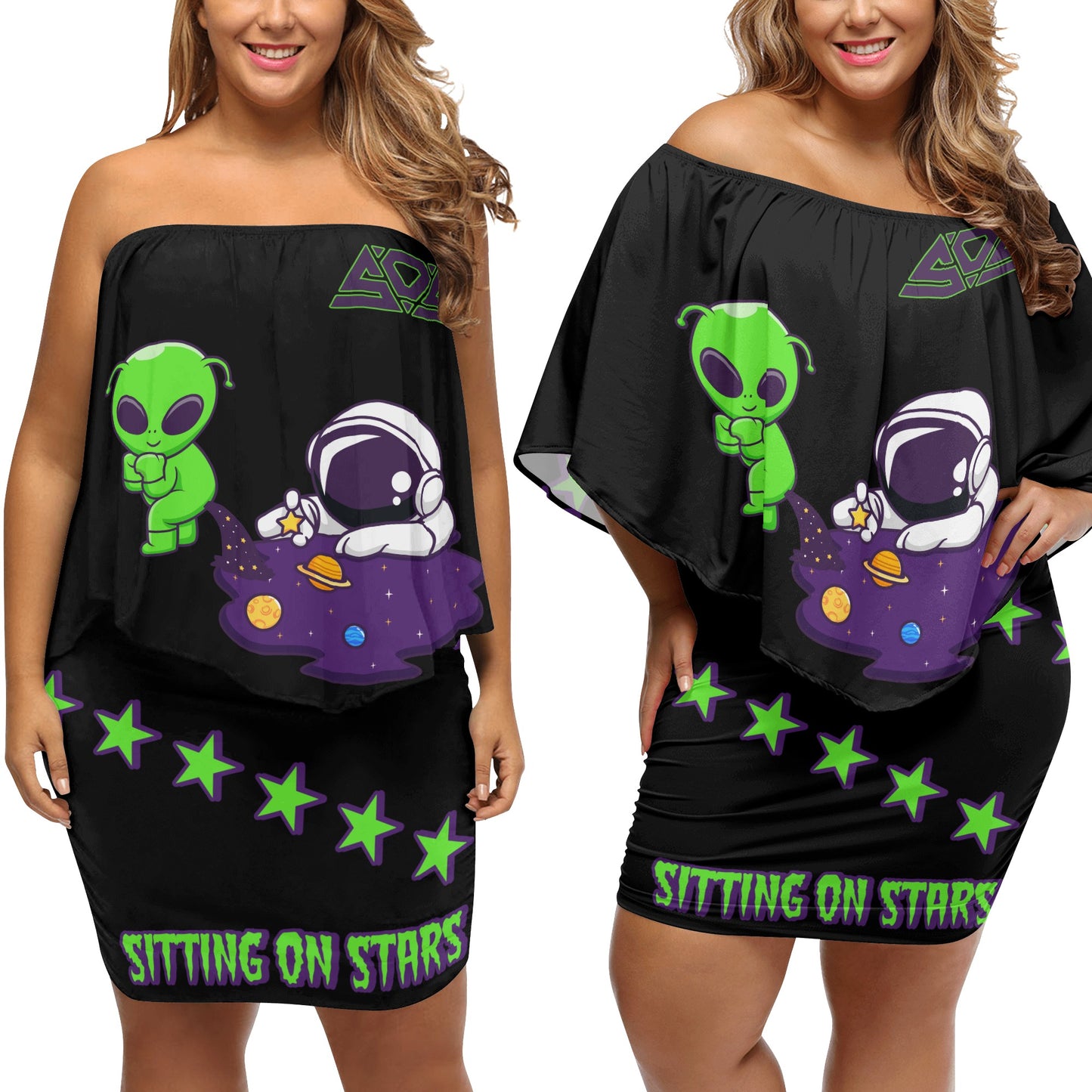 Space Aliens S.O.S Edition Womens Black Off The Shoulder Wrap Dress