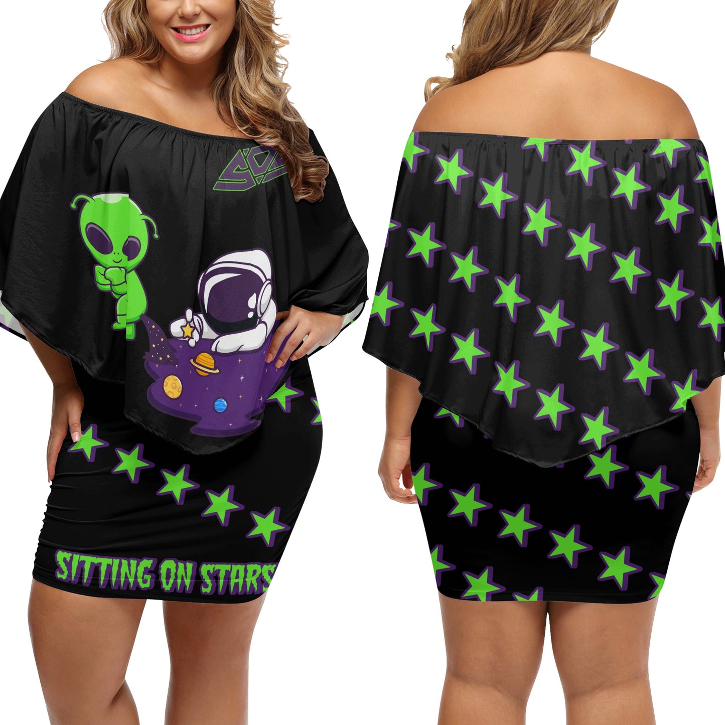 Space Aliens S.O.S Edition Womens Black Off The Shoulder Wrap Dress