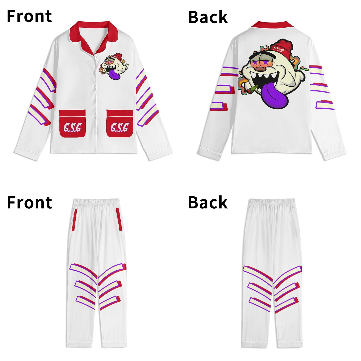 G.S.G Ghost Star Ghouls Unisex White/Maroon Long Sleeve Adult Nightwear Pajama Set