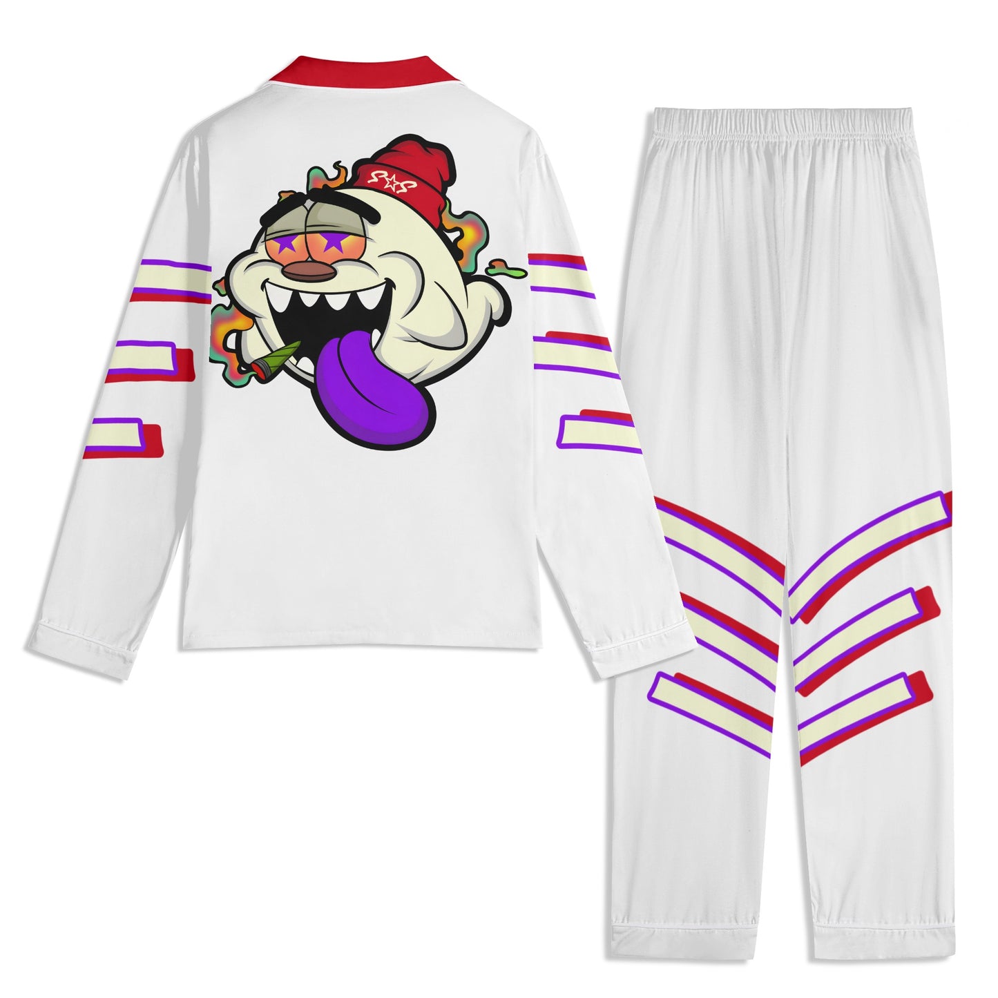 G.S.G Ghost Star Ghouls Unisex White/Maroon Long Sleeve Adult Nightwear Pajama Set