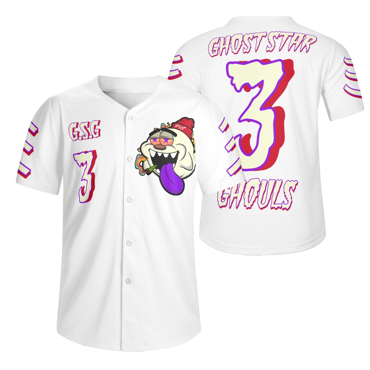 G.S.G Ghost Star Ghouls Mens White Short Sleeve Baseball Jersey