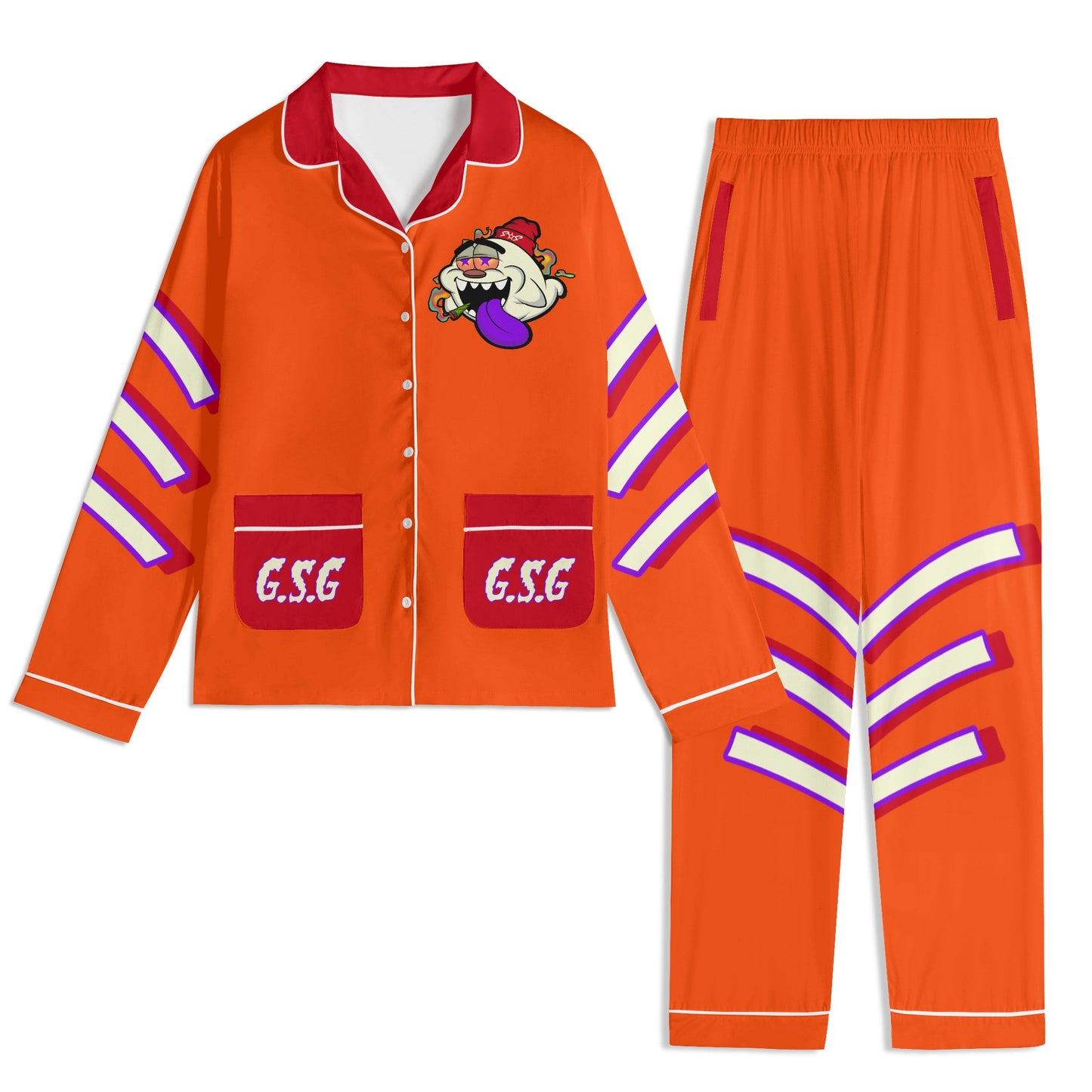 G.S.G Ghost Star Ghouls Unisex DarkOrange/Maroon Long Sleeve Adult Nightwear Pajama Set