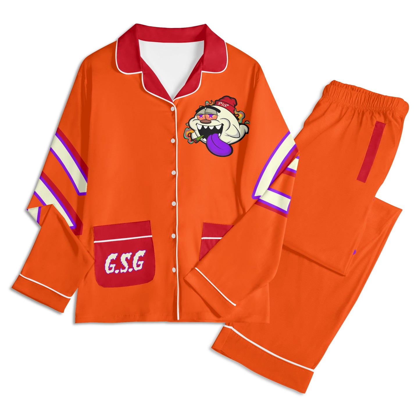 G.S.G Ghost Star Ghouls Unisex DarkOrange/Maroon Long Sleeve Adult Nightwear Pajama Set