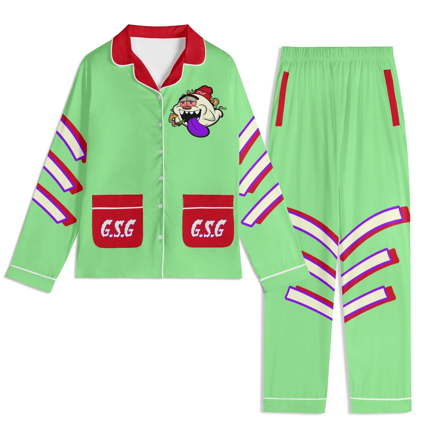 G.S.G Ghost Star Ghouls Unisex MintGreen/Maroon Long Sleeve Adult Nightwear Pajama Set