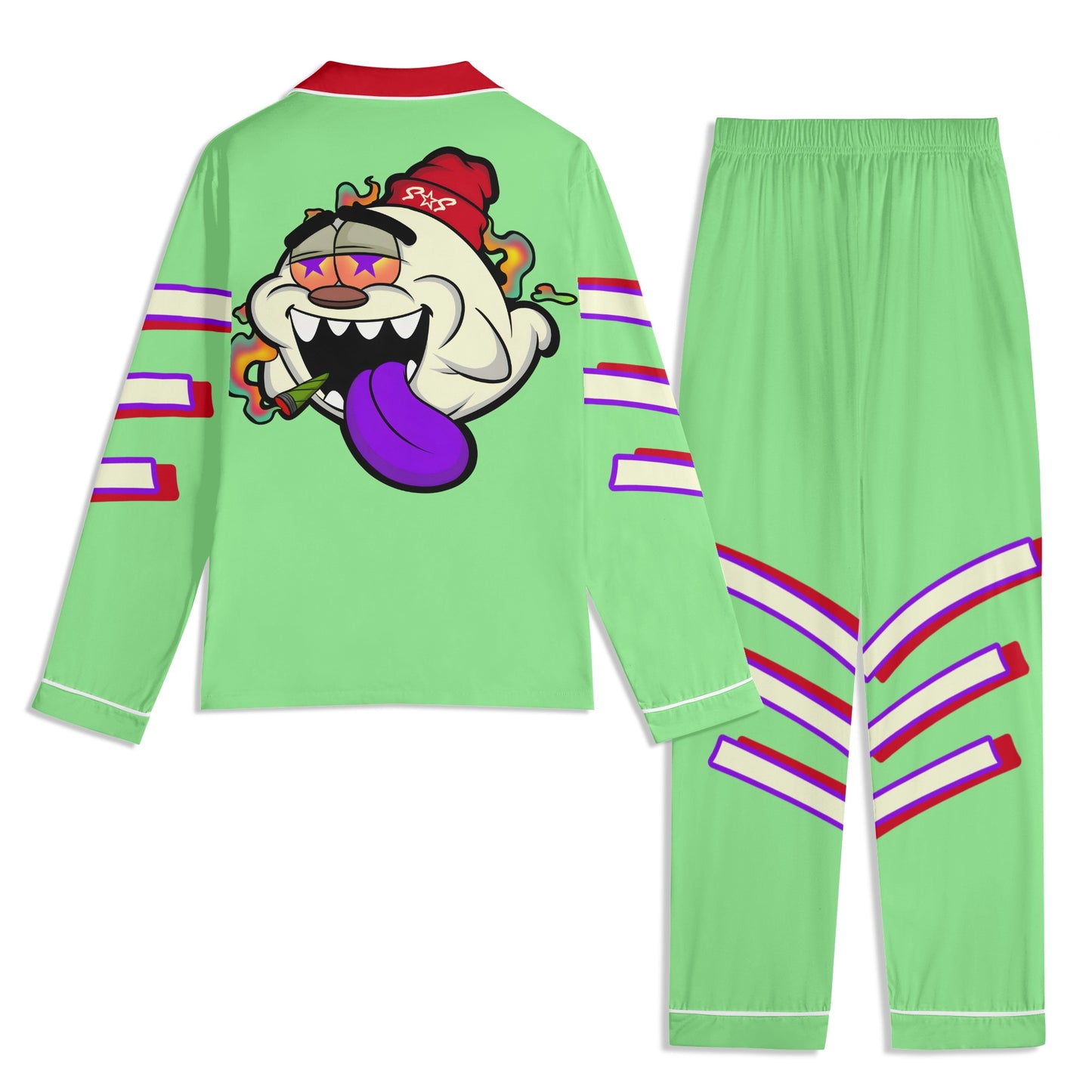 G.S.G Ghost Star Ghouls Unisex MintGreen/Maroon Long Sleeve Adult Nightwear Pajama Set