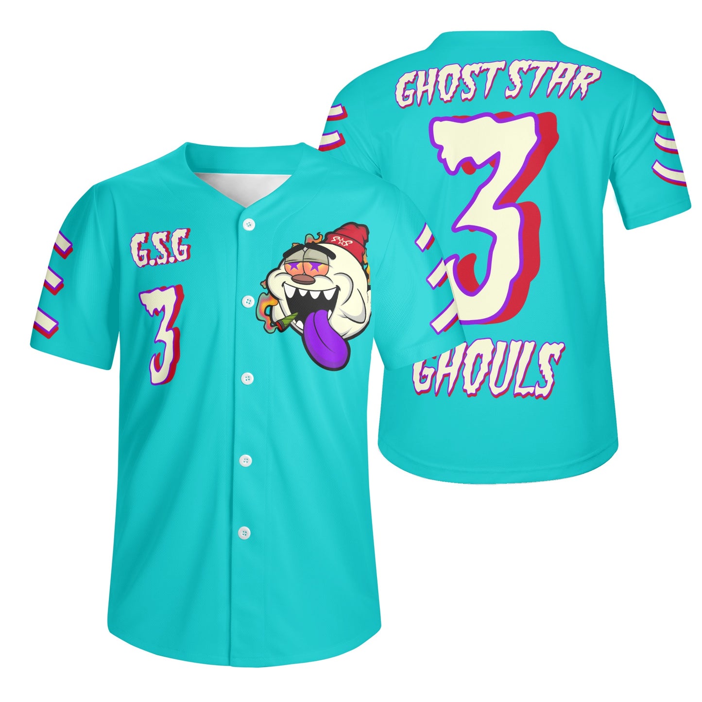 G.S.G Ghost Star Ghouls Mens Turquoise Short Sleeve Baseball Jersey