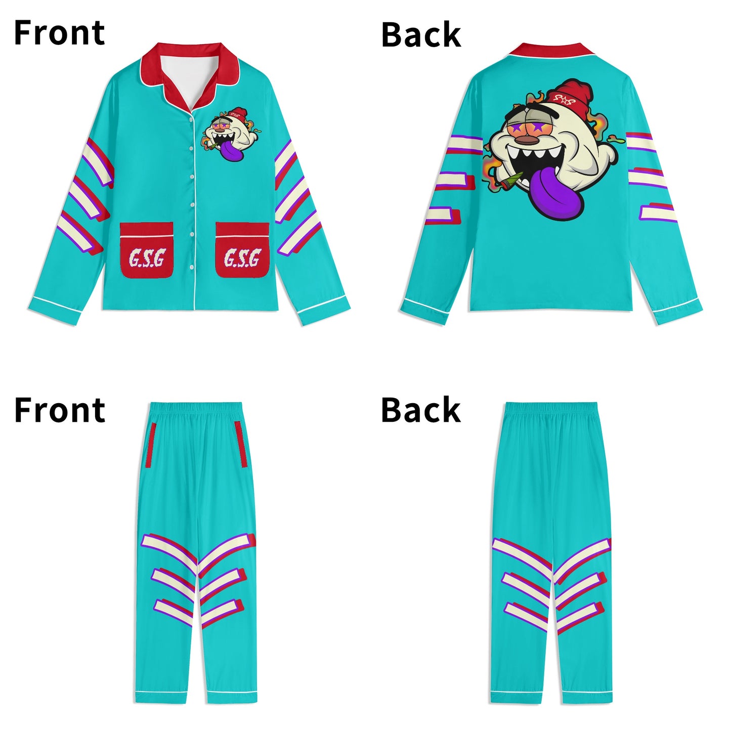 G.S.G Ghost Star Ghouls Unisex Turquoise/Maroon Long Sleeve Adult Nightwear Pajama Set