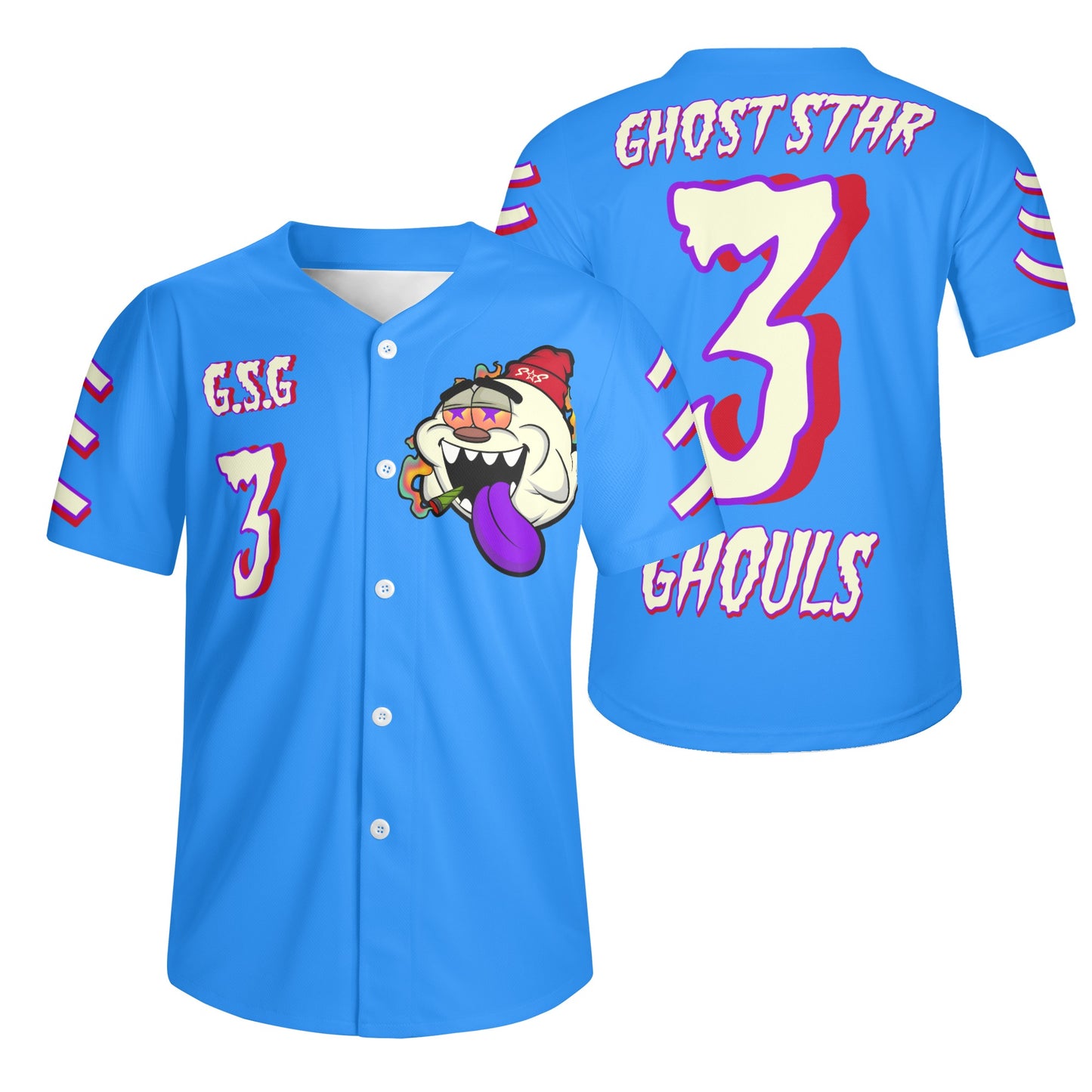 G.S.G Ghost Star Ghouls Mens Blue Short Sleeve Baseball Jersey