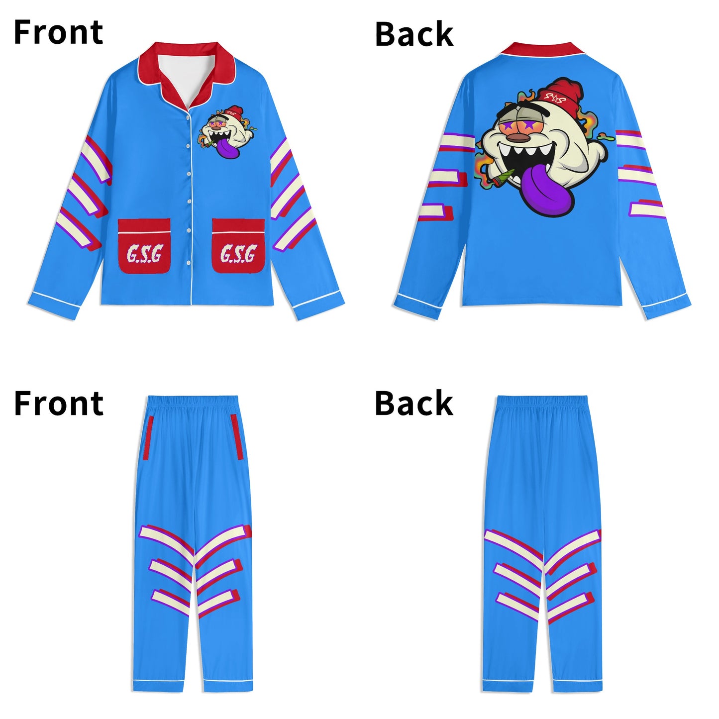 G.S.G Ghost Star Ghouls Unisex Blue/Maroon Long Sleeve Adult Nightwear Pajama Set