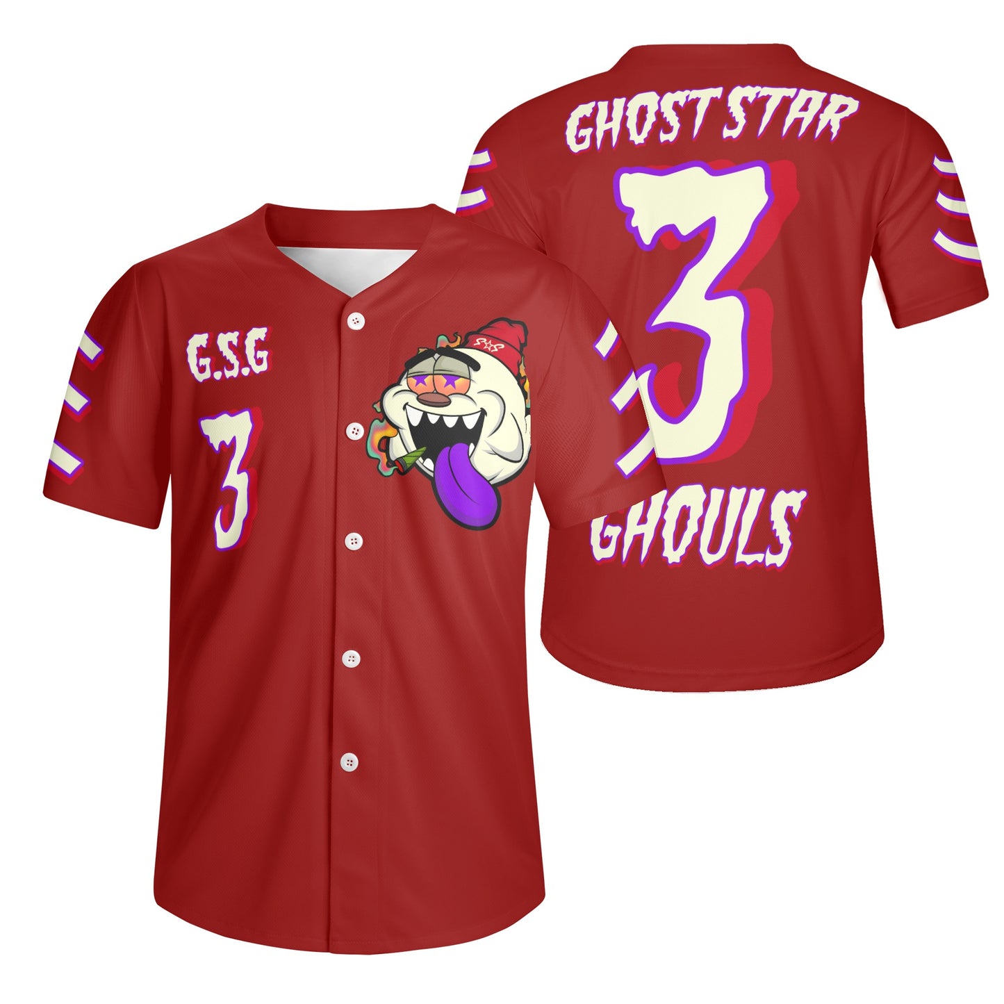 G.S.G Ghost Star Ghouls Mens Maroon Short Sleeve Baseball Jersey