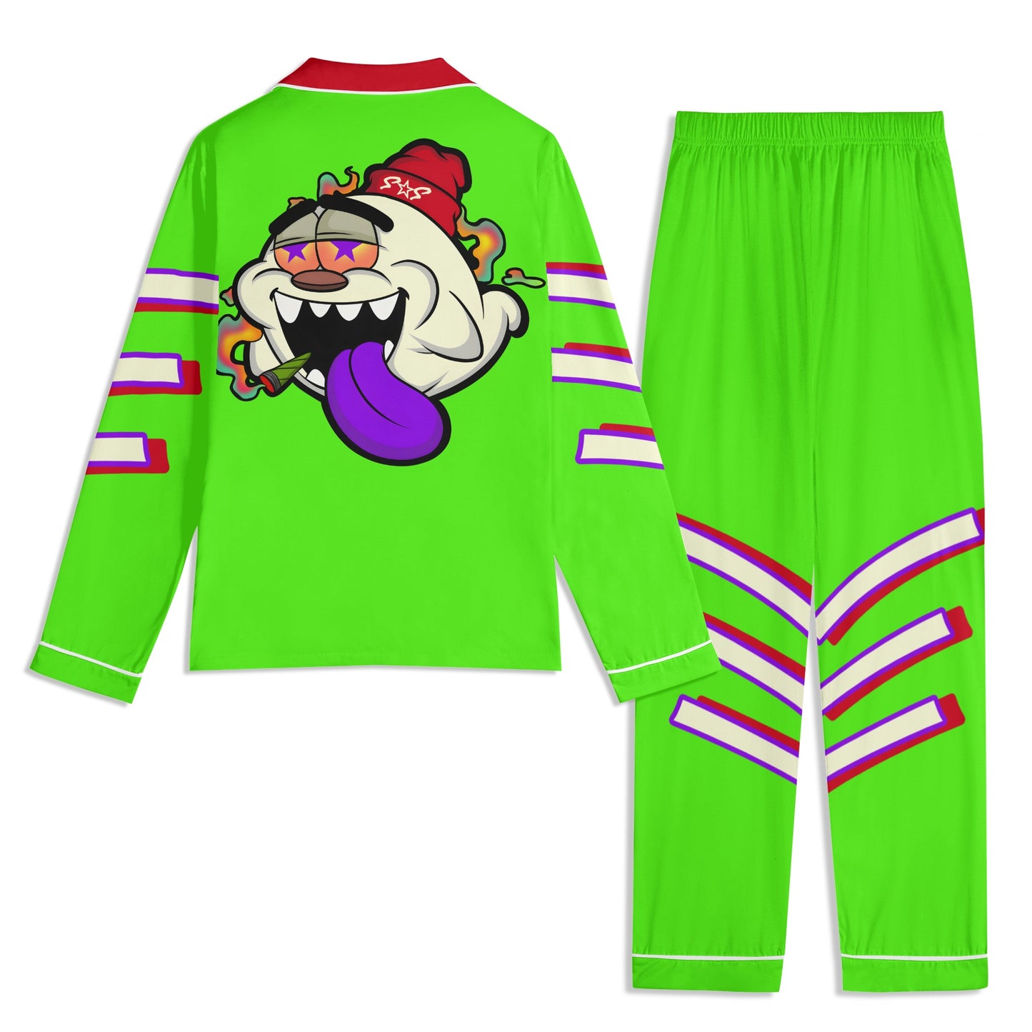 G.S.G Ghost Star Ghouls Unisex GooGreen/Maroon Long Sleeve Adult Nightwear Pajama Set