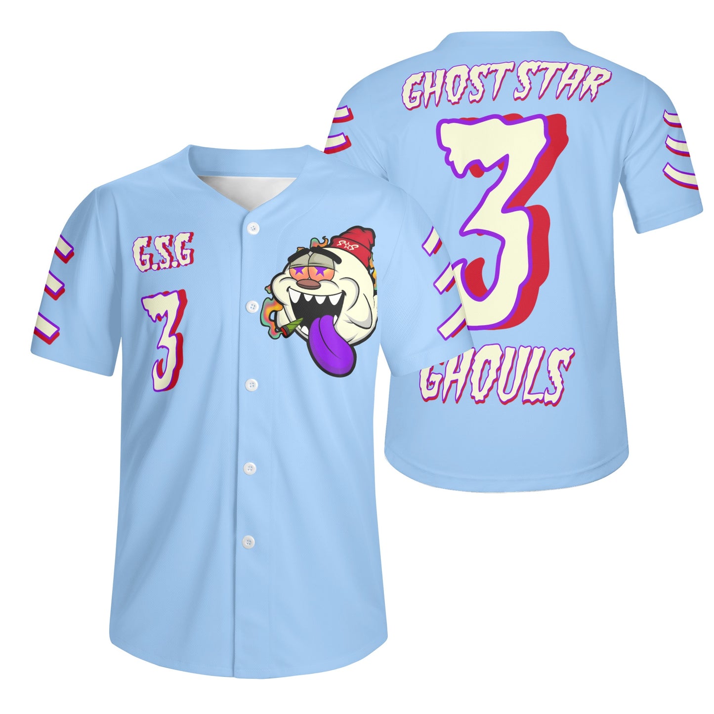 G.S.G Ghost Star Ghouls Mens Sky Blue Short Sleeve Baseball Jersey