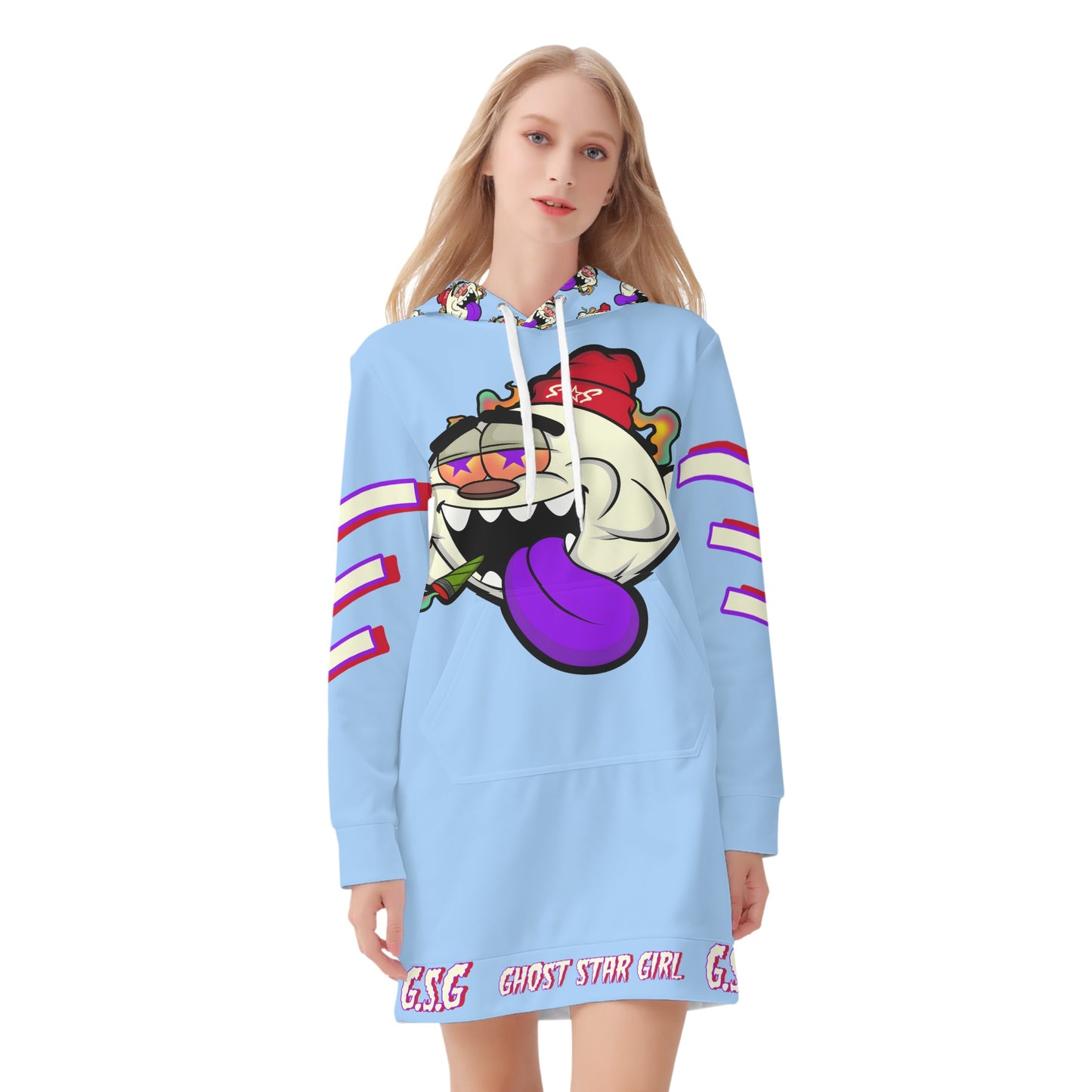 G.S.G Ghost Stat Girl Womens Sky Blue Hoodie Dress