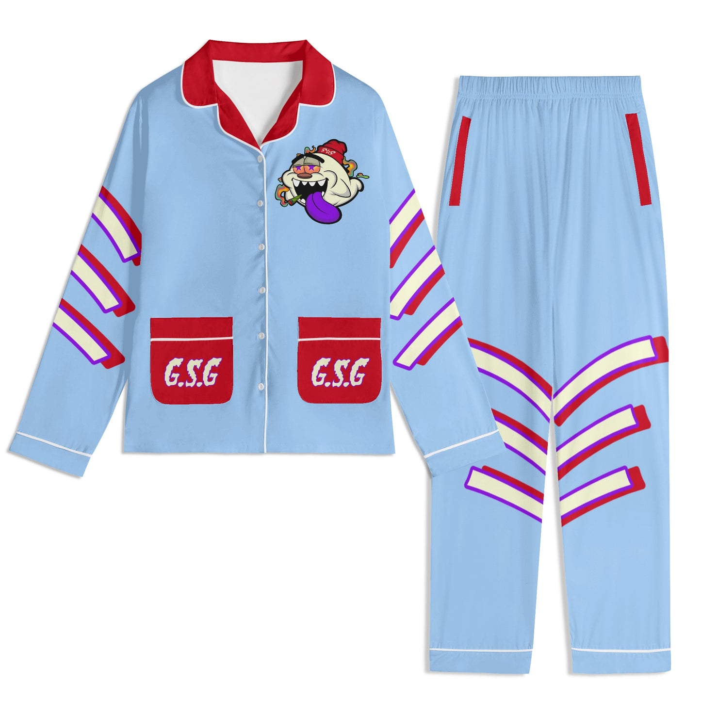 G.S.G Ghost Star Ghouls Unisex SkyBlue/Maroon Long Sleeve Adult Nightwear Pajama Set