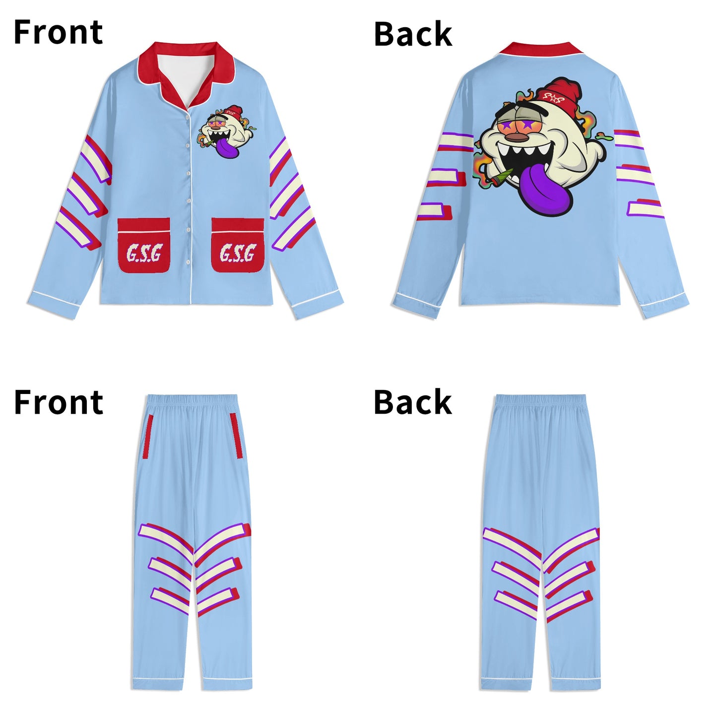 G.S.G Ghost Star Ghouls Unisex SkyBlue/Maroon Long Sleeve Adult Nightwear Pajama Set