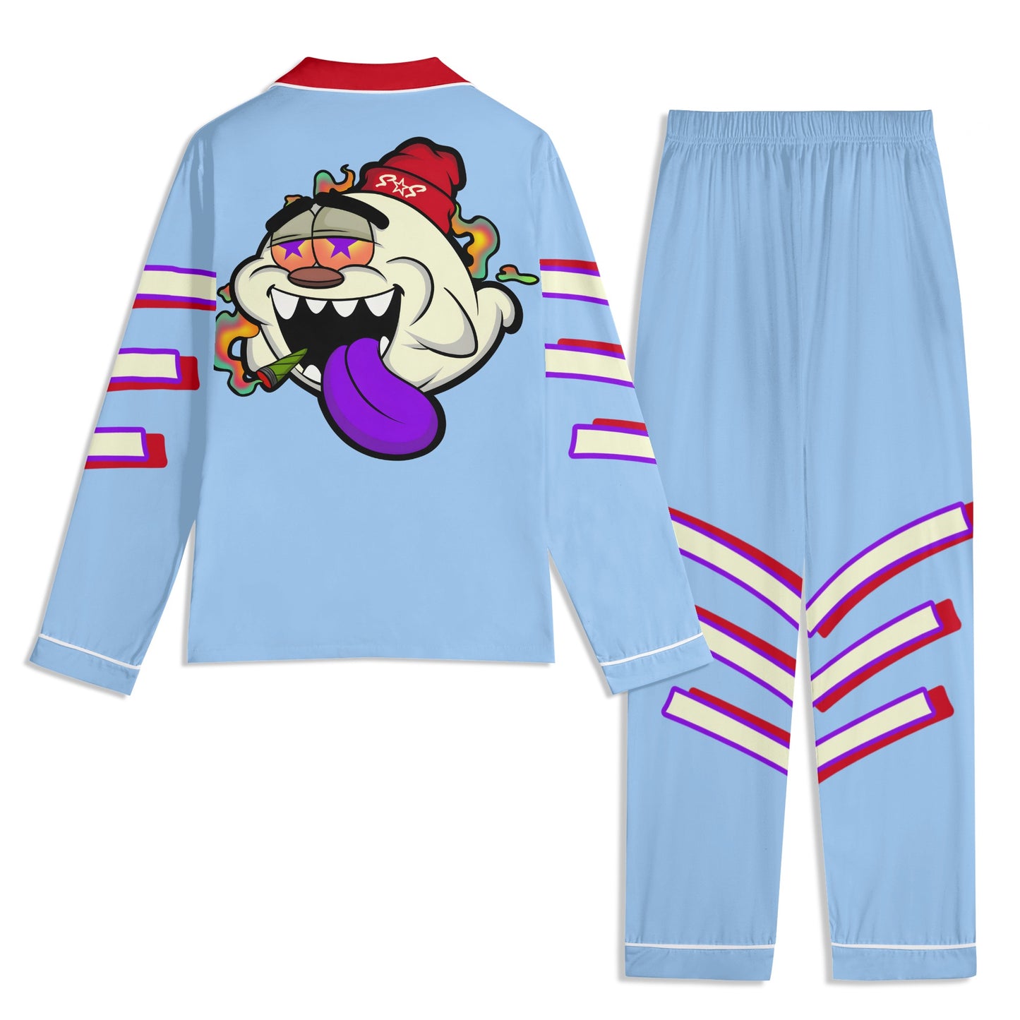 G.S.G Ghost Star Ghouls Unisex SkyBlue/Maroon Long Sleeve Adult Nightwear Pajama Set