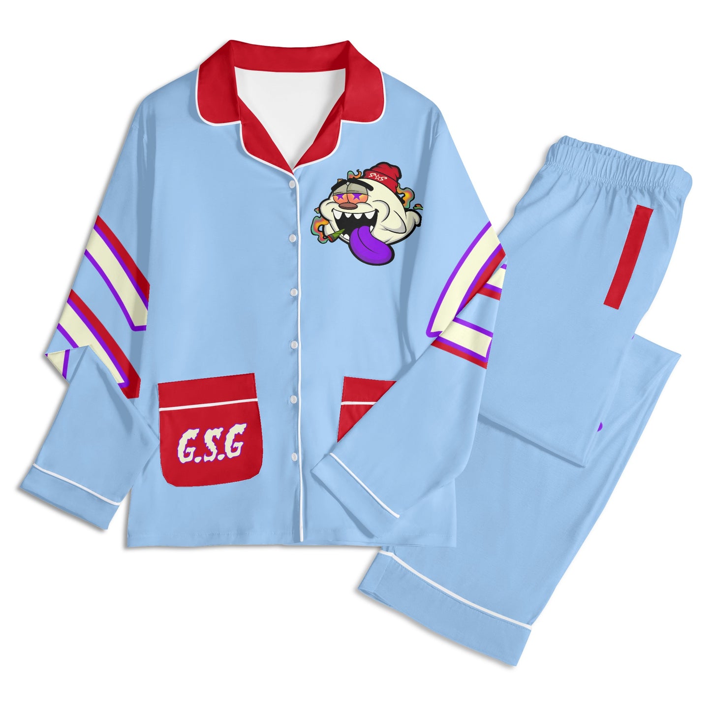 G.S.G Ghost Star Ghouls Unisex SkyBlue/Maroon Long Sleeve Adult Nightwear Pajama Set