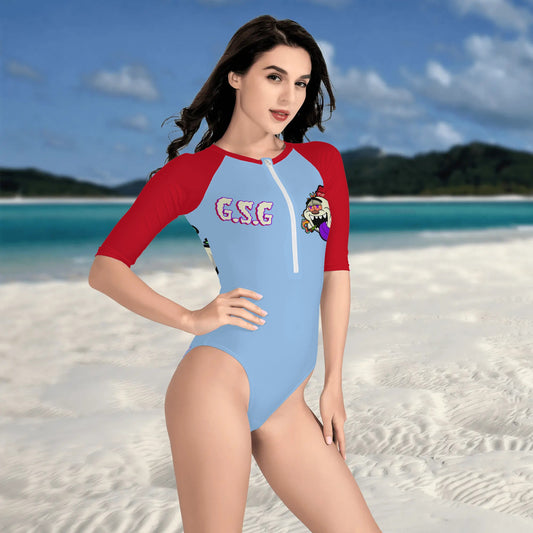 G.S.G Ghost Star Girl Womens Sky Blue One Piece Zip Front Half Sleeve Swimsuit