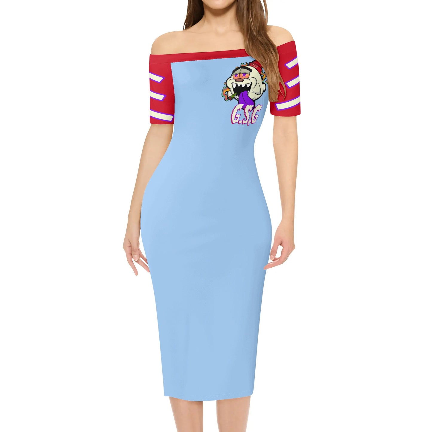 G.S.G Ghost Star Girl Womens Off The Shoulder Sky Blue Short Sleeve Elegant Wrap Dress