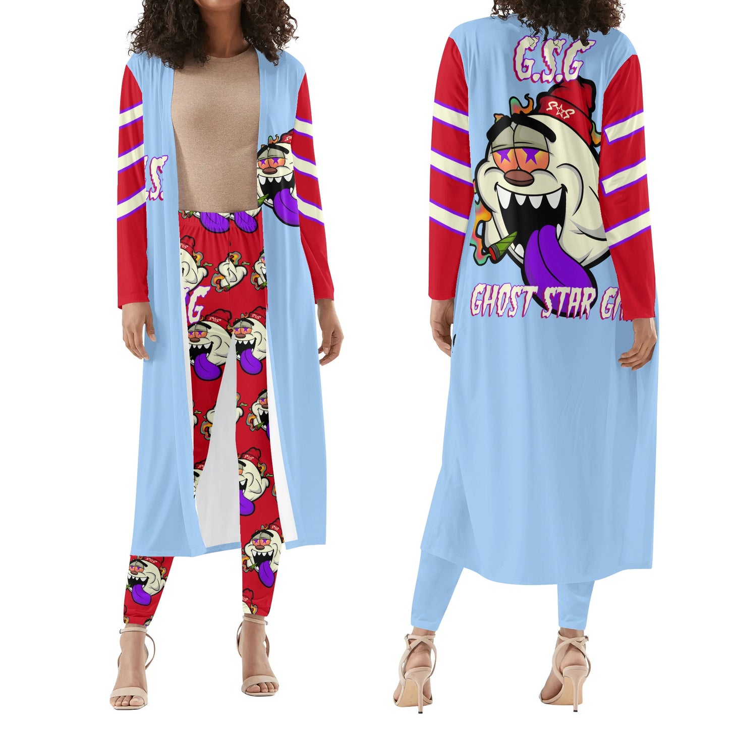 G.S.G Ghost Star Girl SkyBlue/Maroon Long Sleeve Cardigan and Leggings 2pcs