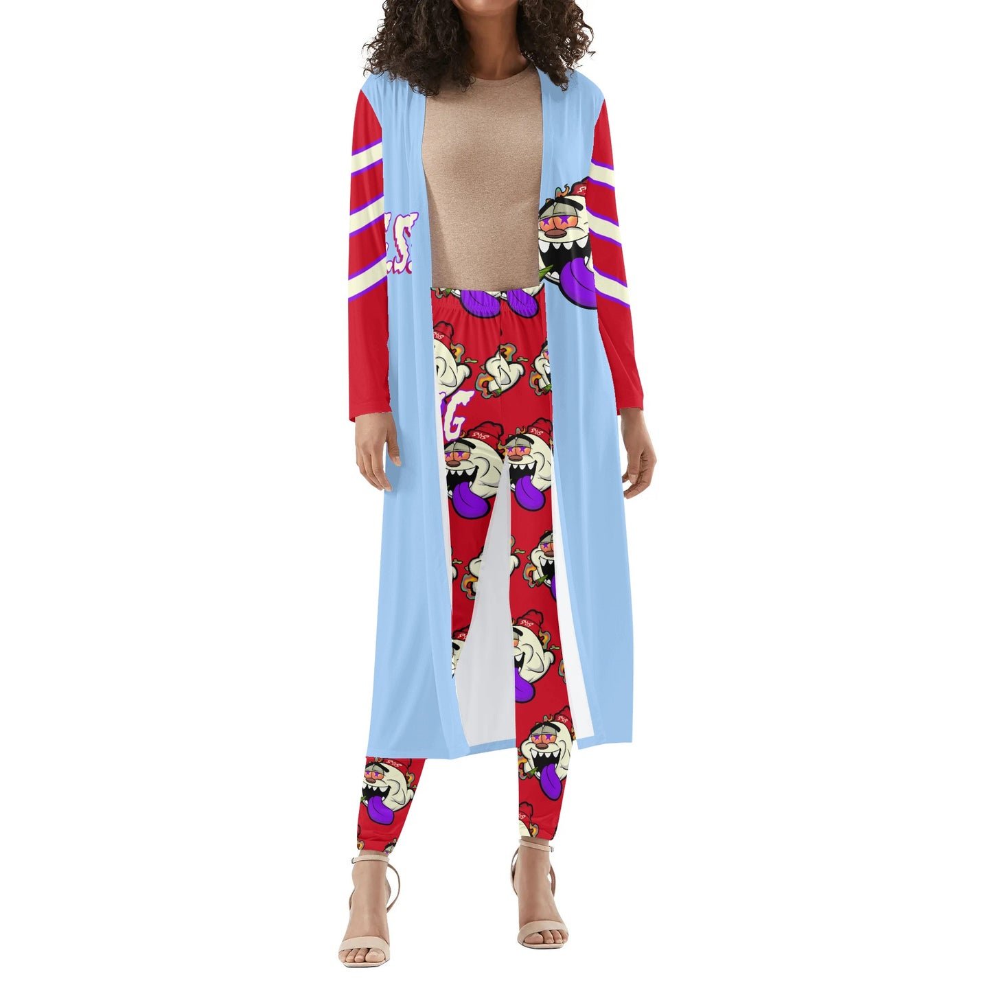 G.S.G Ghost Star Girl SkyBlue/Maroon Long Sleeve Cardigan and Leggings 2pcs