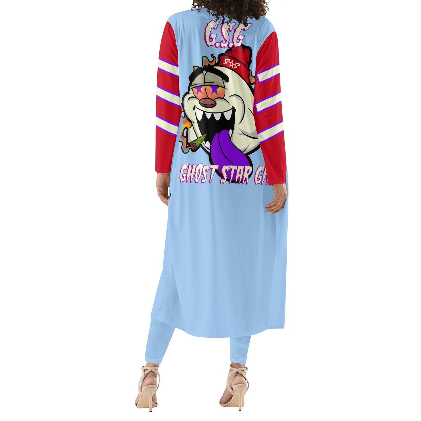 G.S.G Ghost Star Girl SkyBlue/Maroon Long Sleeve Cardigan and Leggings 2pcs