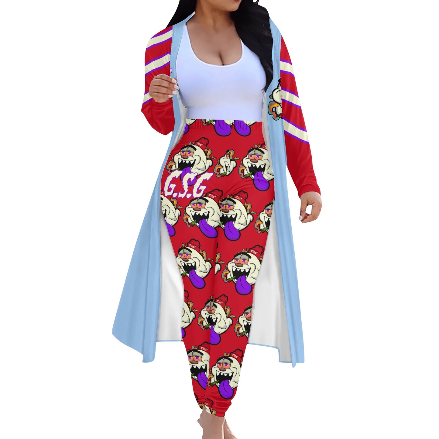 G.S.G Ghost Star Girl SkyBlue/Maroon Long Sleeve Cardigan and Leggings 2pcs