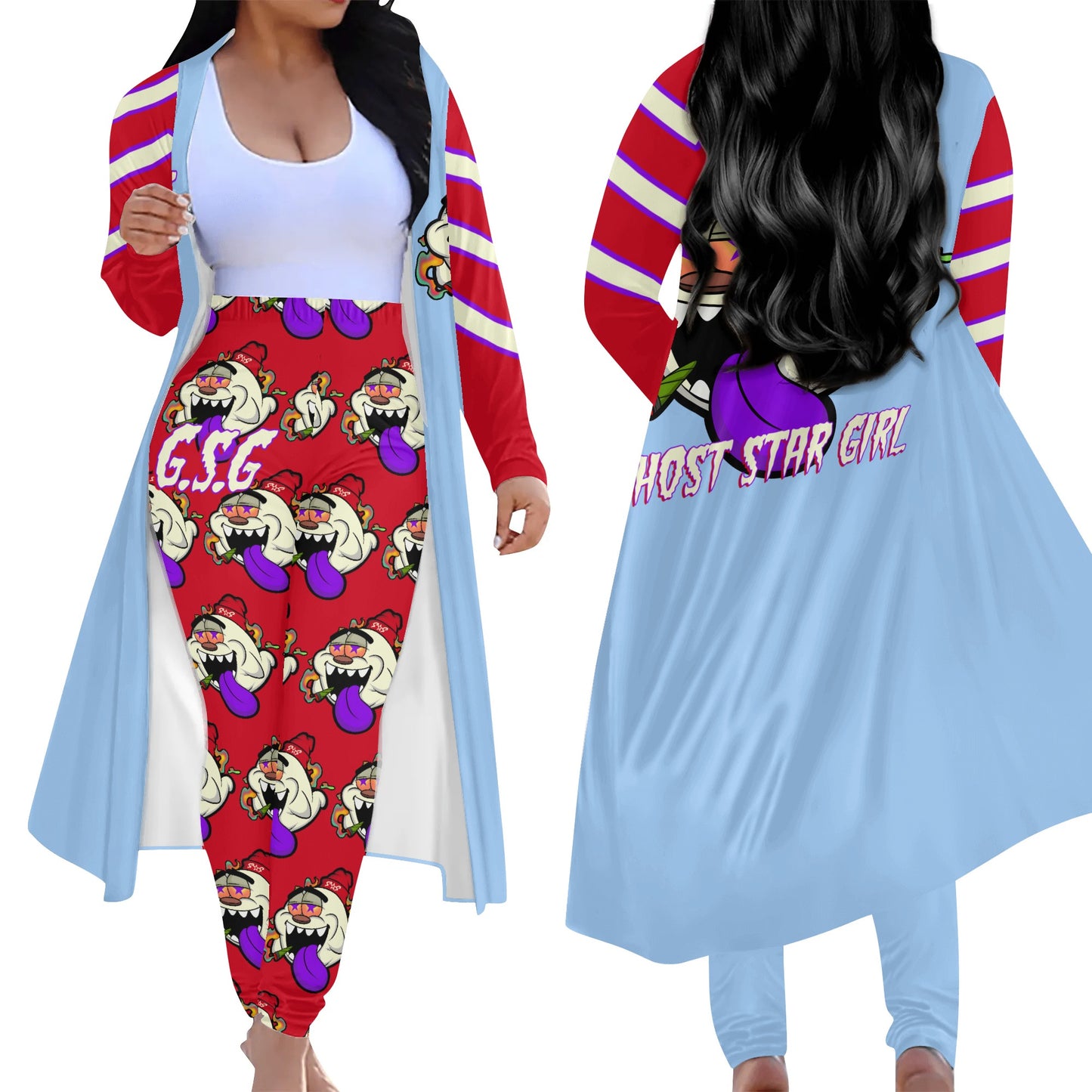 G.S.G Ghost Star Girl SkyBlue/Maroon Long Sleeve Cardigan and Leggings 2pcs