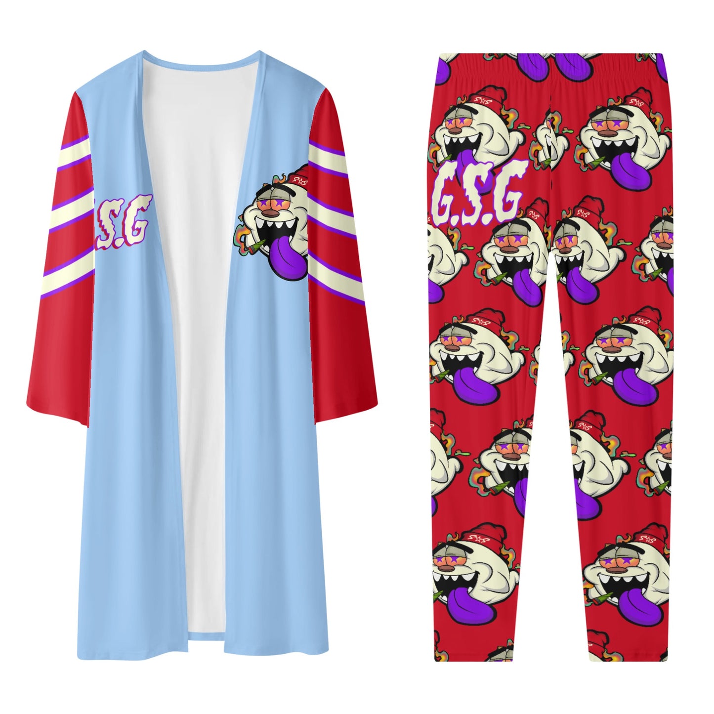 G.S.G Ghost Star Girl SkyBlue/Maroon Long Sleeve Cardigan and Leggings 2pcs