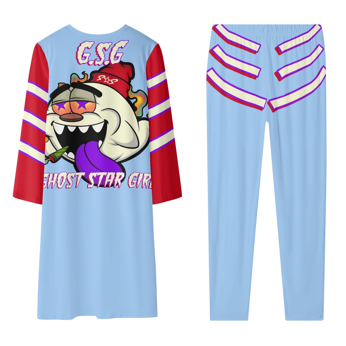 G.S.G Ghost Star Girl SkyBlue/Maroon Long Sleeve Cardigan and Leggings 2pcs