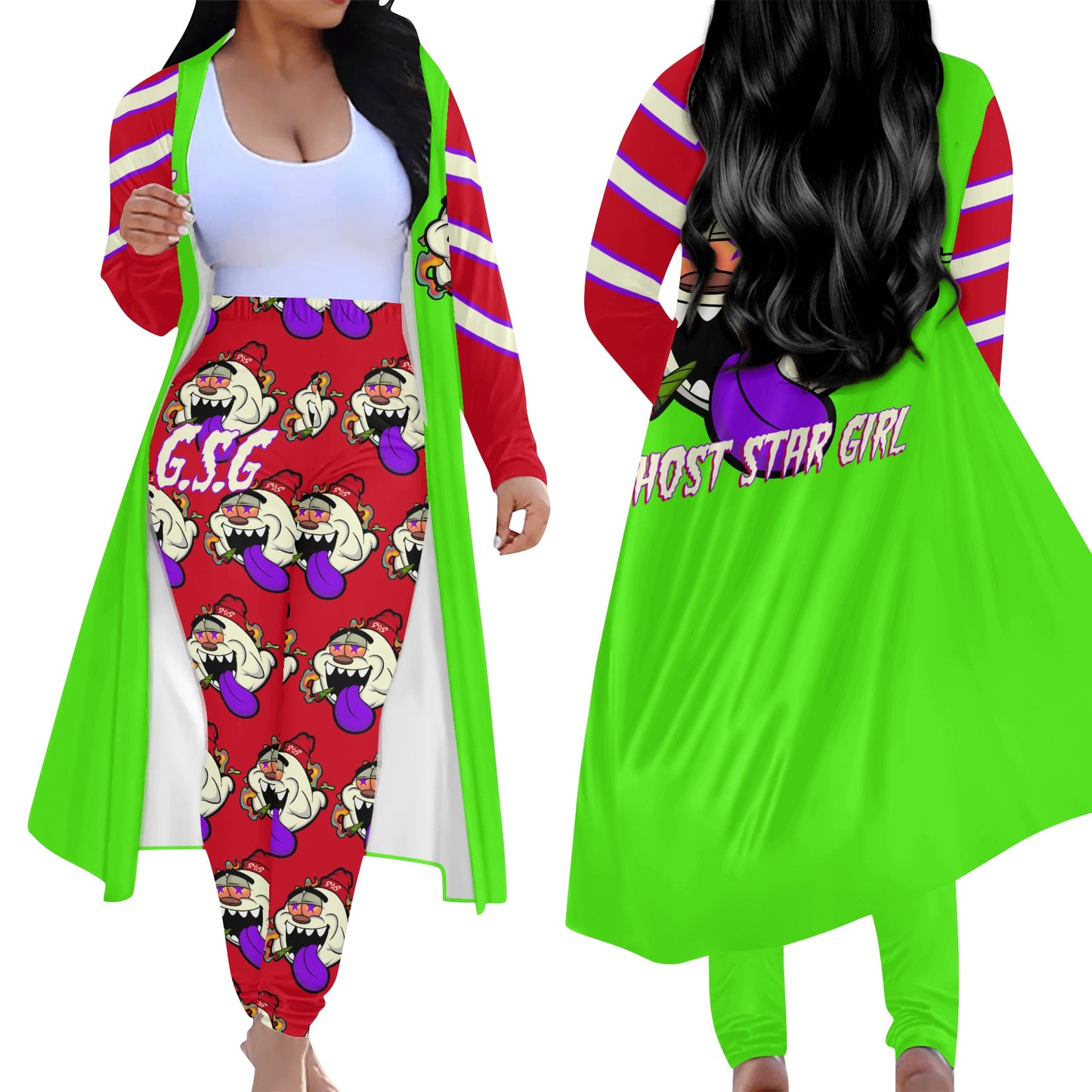 G.S.G Ghost Star Girl GooGreen/Maroon Long Sleeve Cardigan and Leggings 2pcs