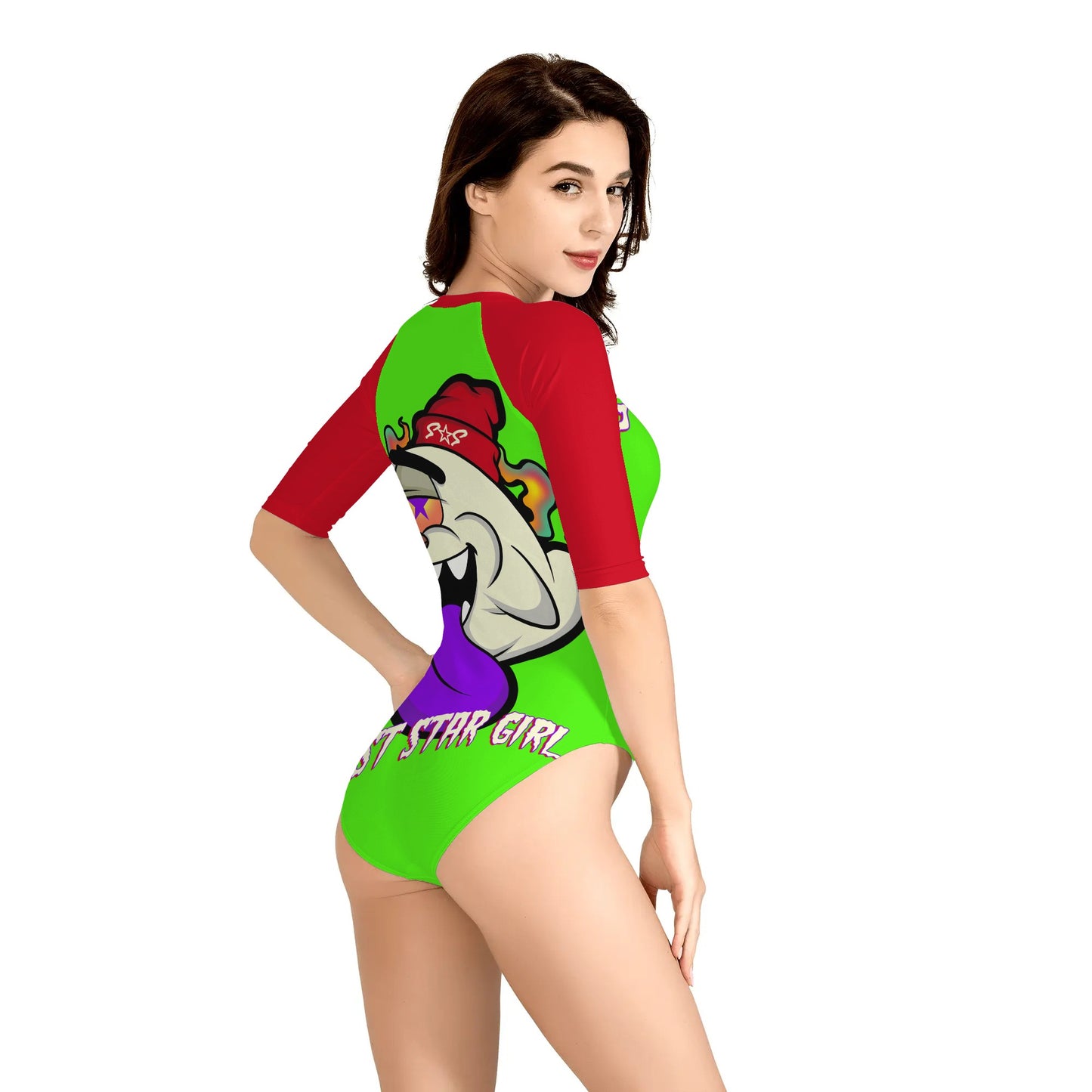 G.S.G Ghost Star Girl Womens Goo Green One Piece Zip Front Half Sleeve Swimsuit