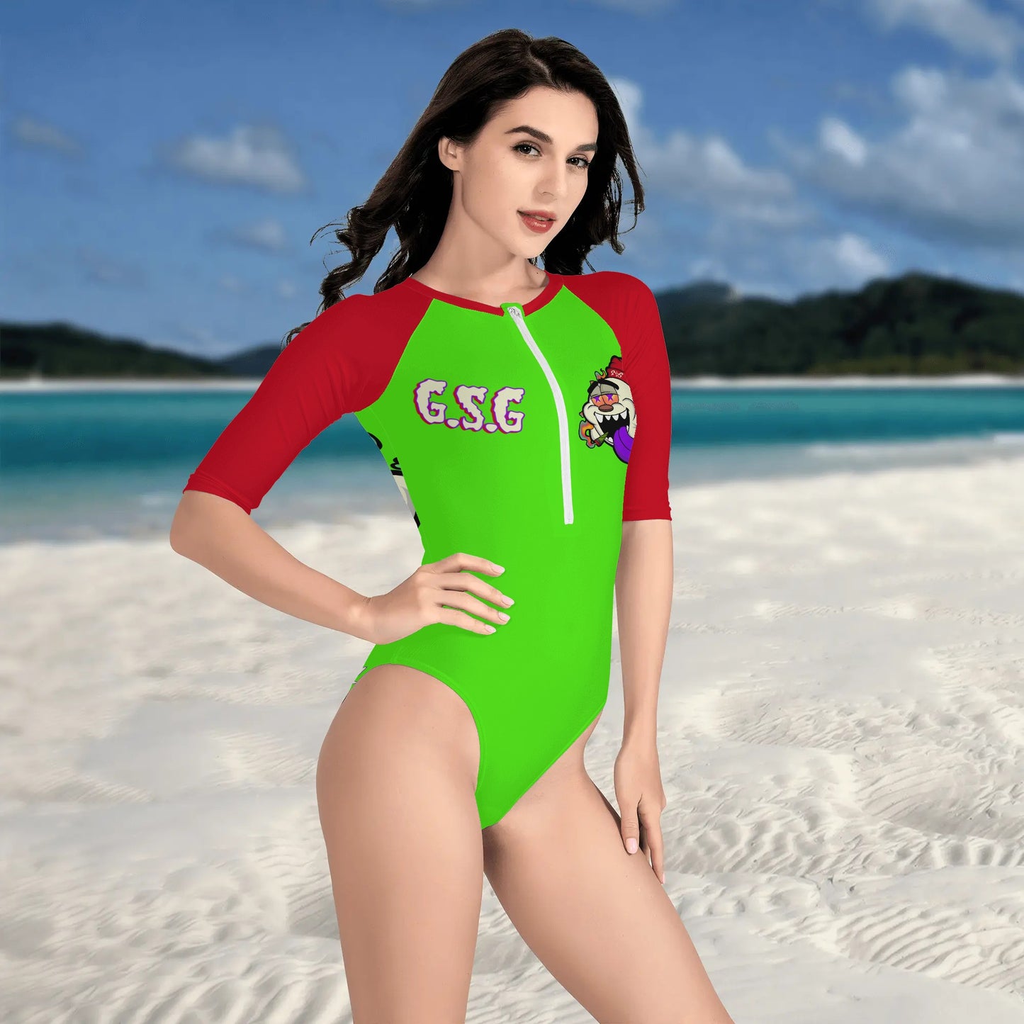 G.S.G Ghost Star Girl Womens Goo Green One Piece Zip Front Half Sleeve Swimsuit