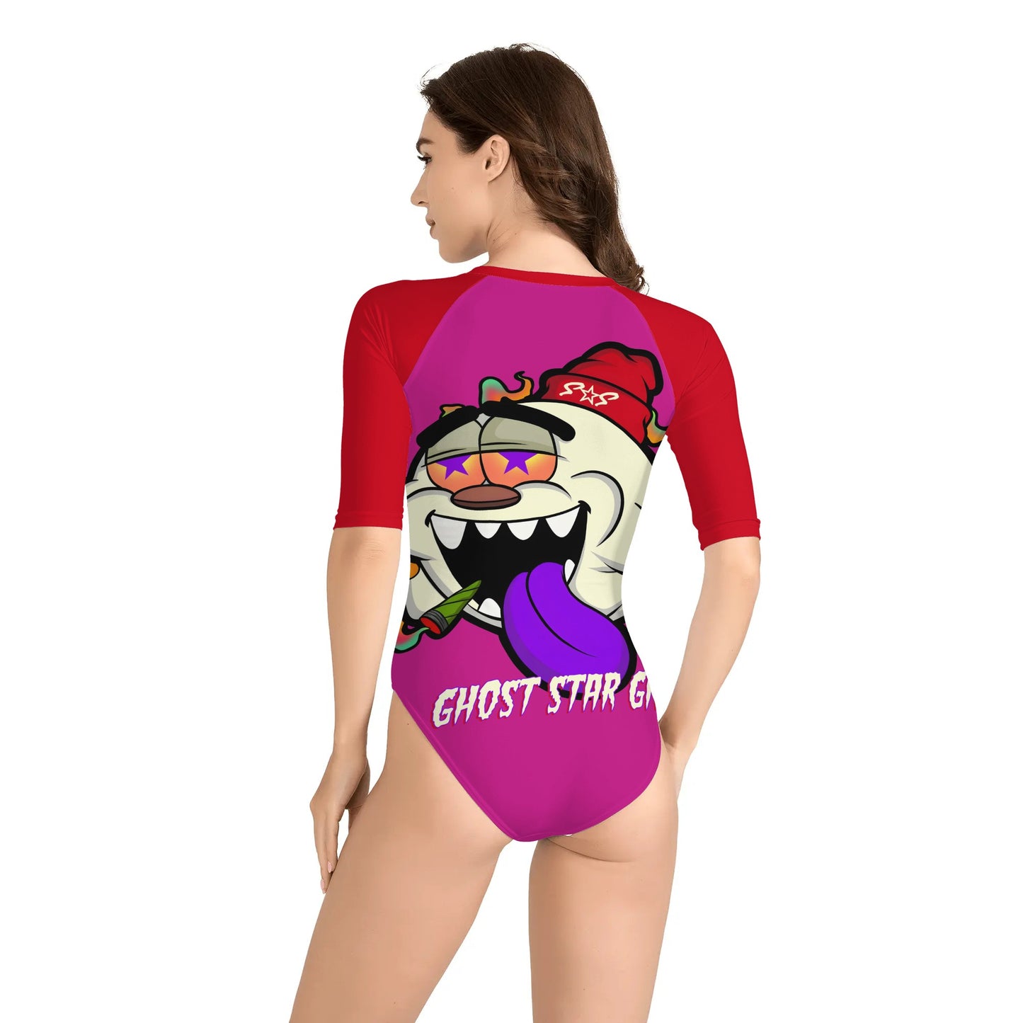 G.S.G Ghost Star Girl Womens Purple One Piece Zip Front Half Sleeve Swimsuit